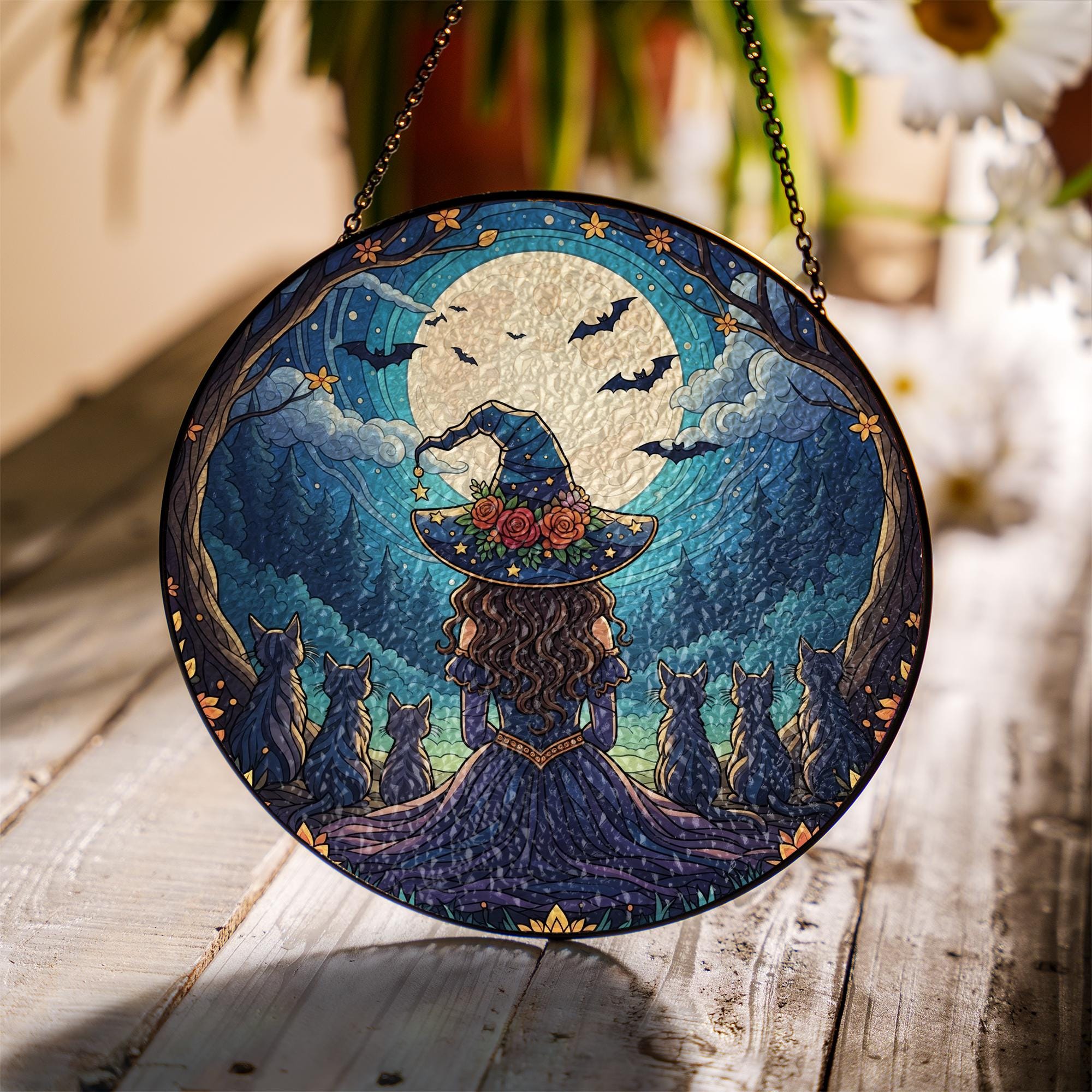 Witch Cat Moon Suncatcher – Halloween Window Hanging Gothic Witchy Decor