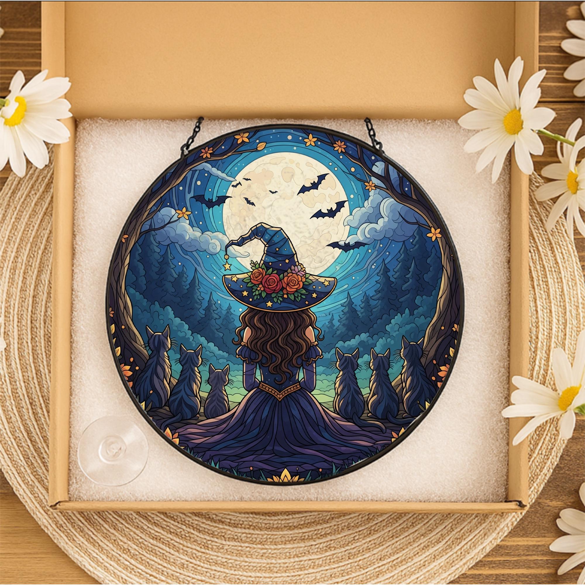 Witch Cat Moon Suncatcher – Halloween Window Hanging Gothic Witchy Decor
