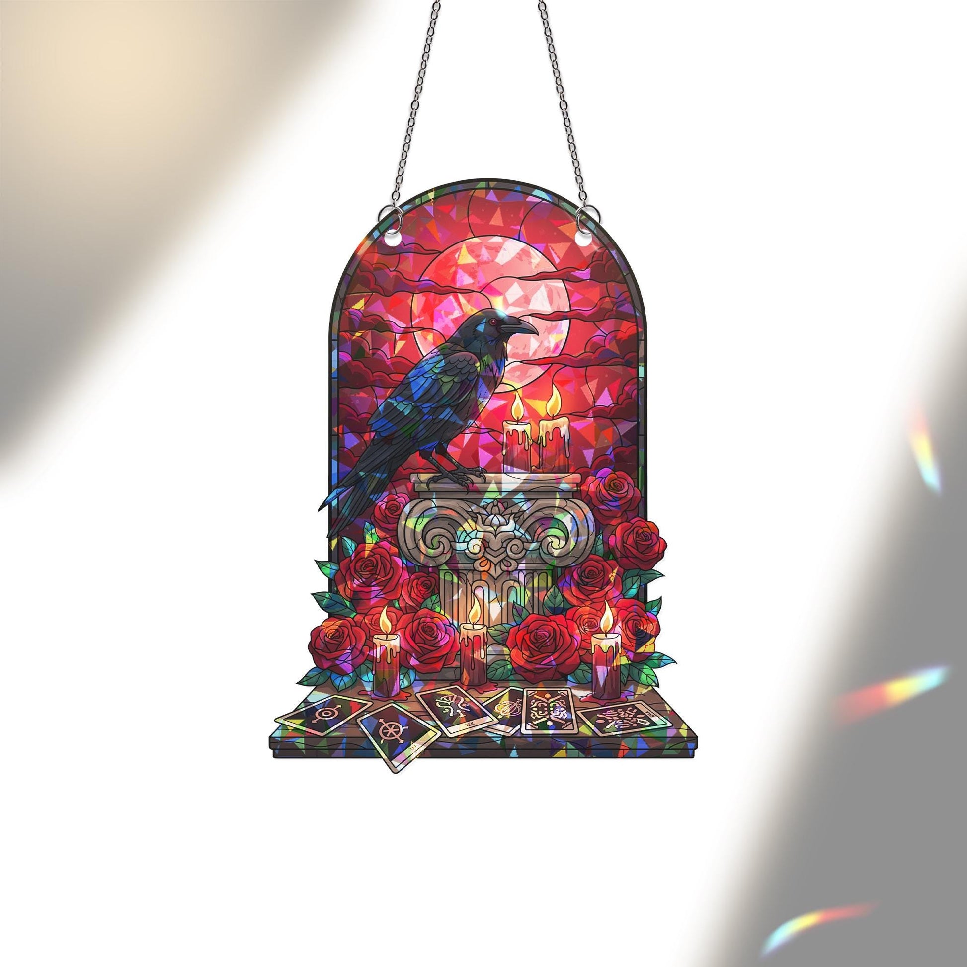 Raven Tarot Suncatcher – Gothic Window Decor with Roses and Candles