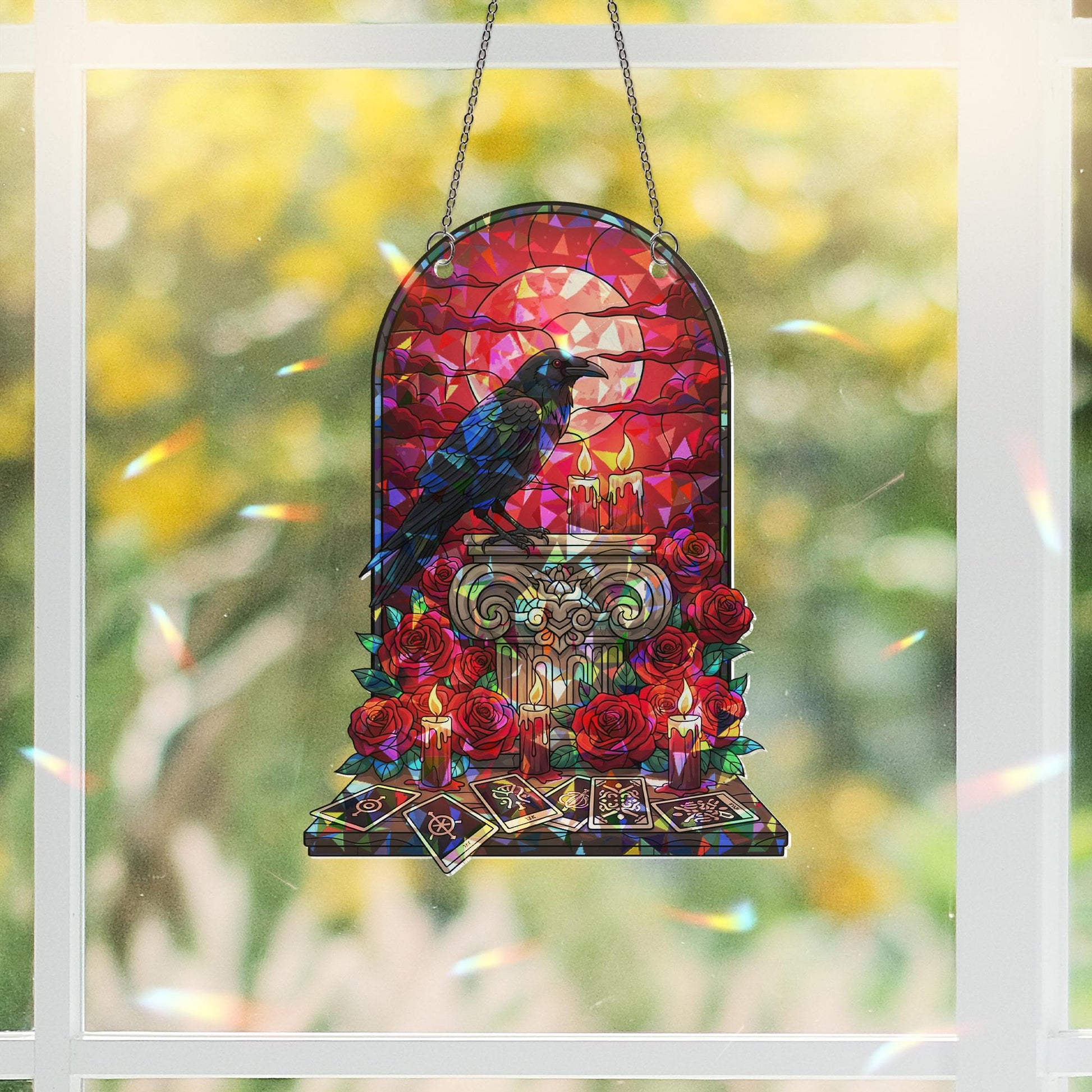 Raven Tarot Suncatcher – Gothic Window Decor with Roses and Candles
