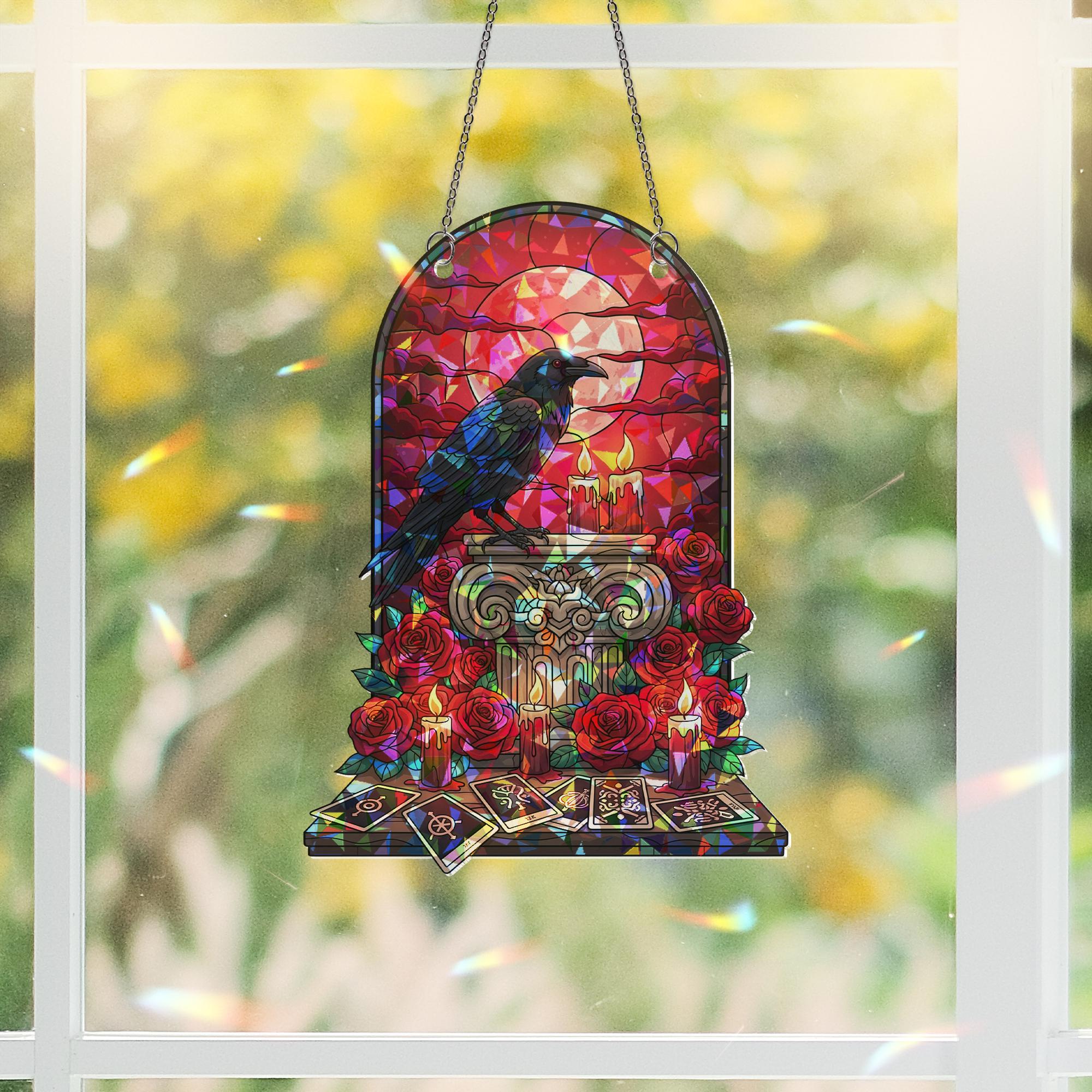 Raven Tarot Suncatcher – Gothic Window Decor with Roses and Candles