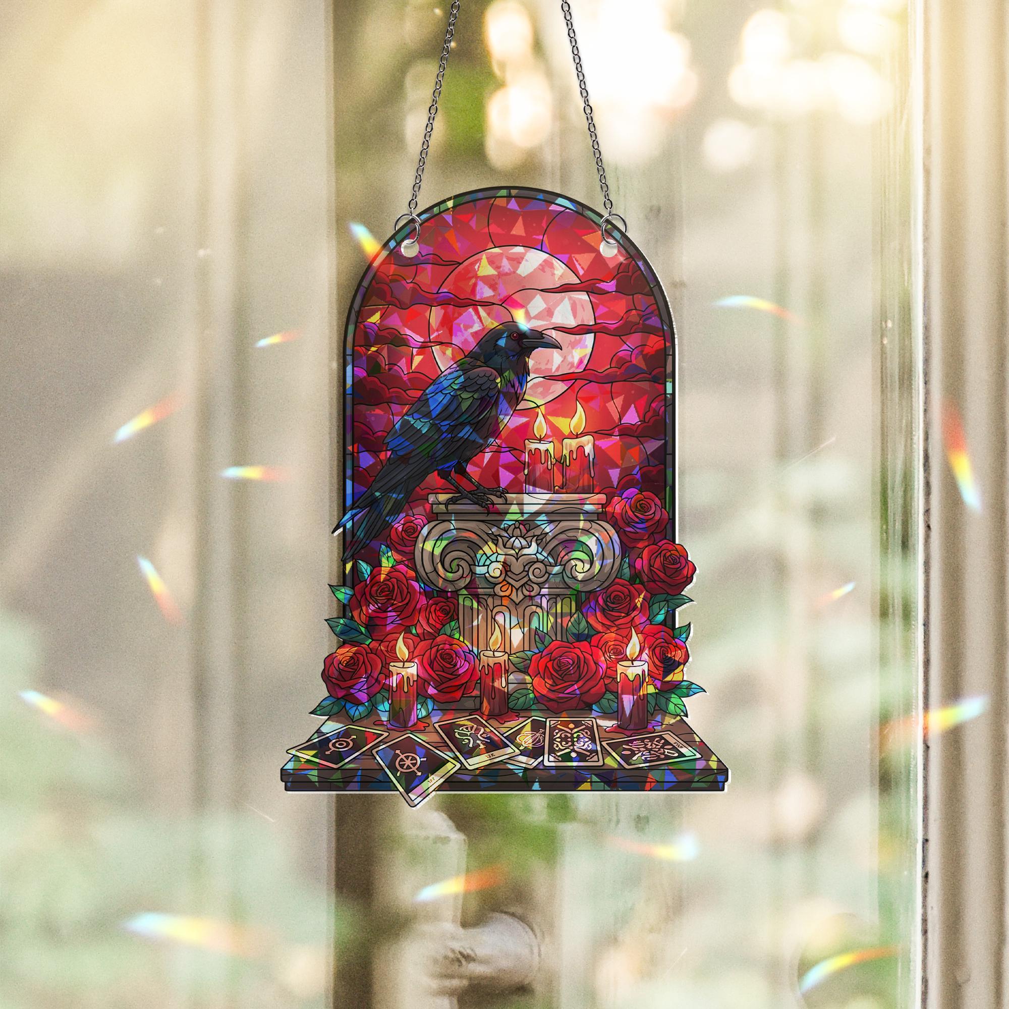 Raven Tarot Suncatcher – Gothic Window Decor with Roses and Candles