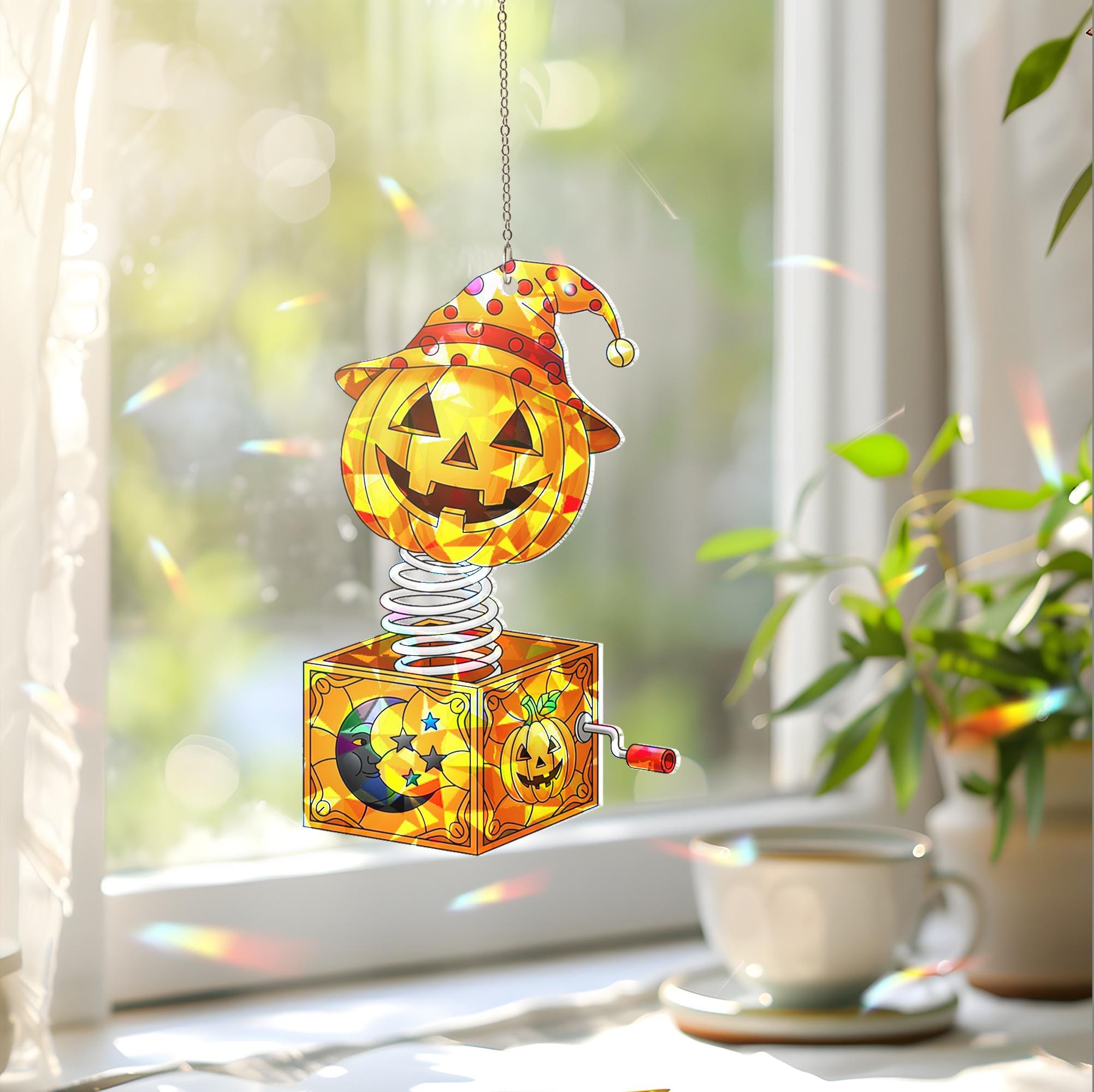 Jack-in-the-Box Pumpkin Suncatcher | Halloween Stained Glass Decor | Unique Spooky Art | Festive Window Hanging