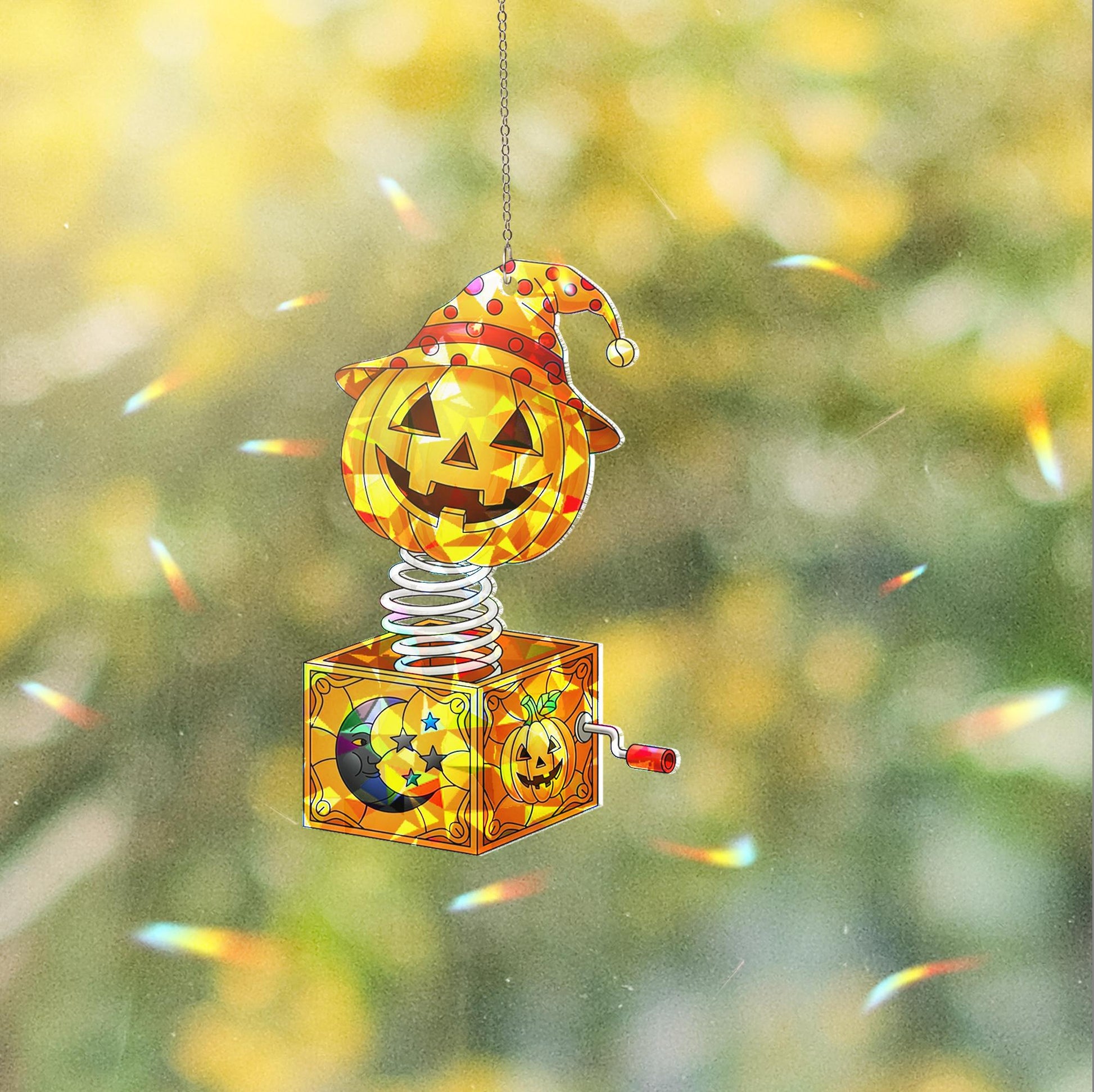 Jack-in-the-Box Pumpkin Suncatcher | Halloween Stained Glass Decor | Unique Spooky Art | Festive Window Hanging