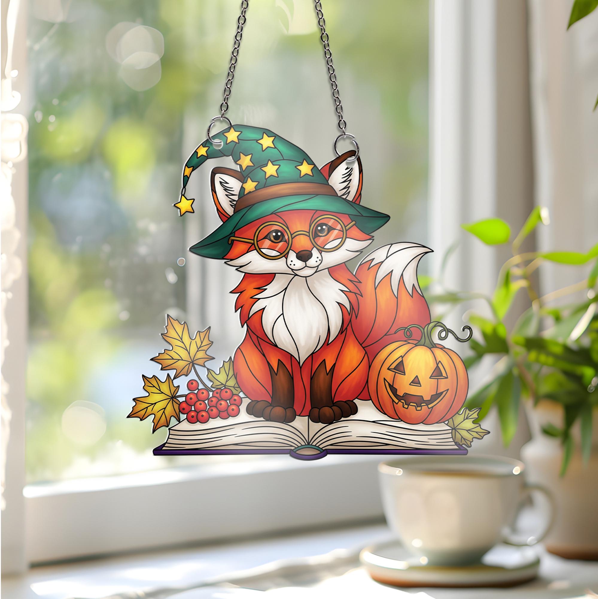 Witchy Fox Ornament | Halloween Stained Glass Art | Cute Autumn Window Decor | Book Lover Gift