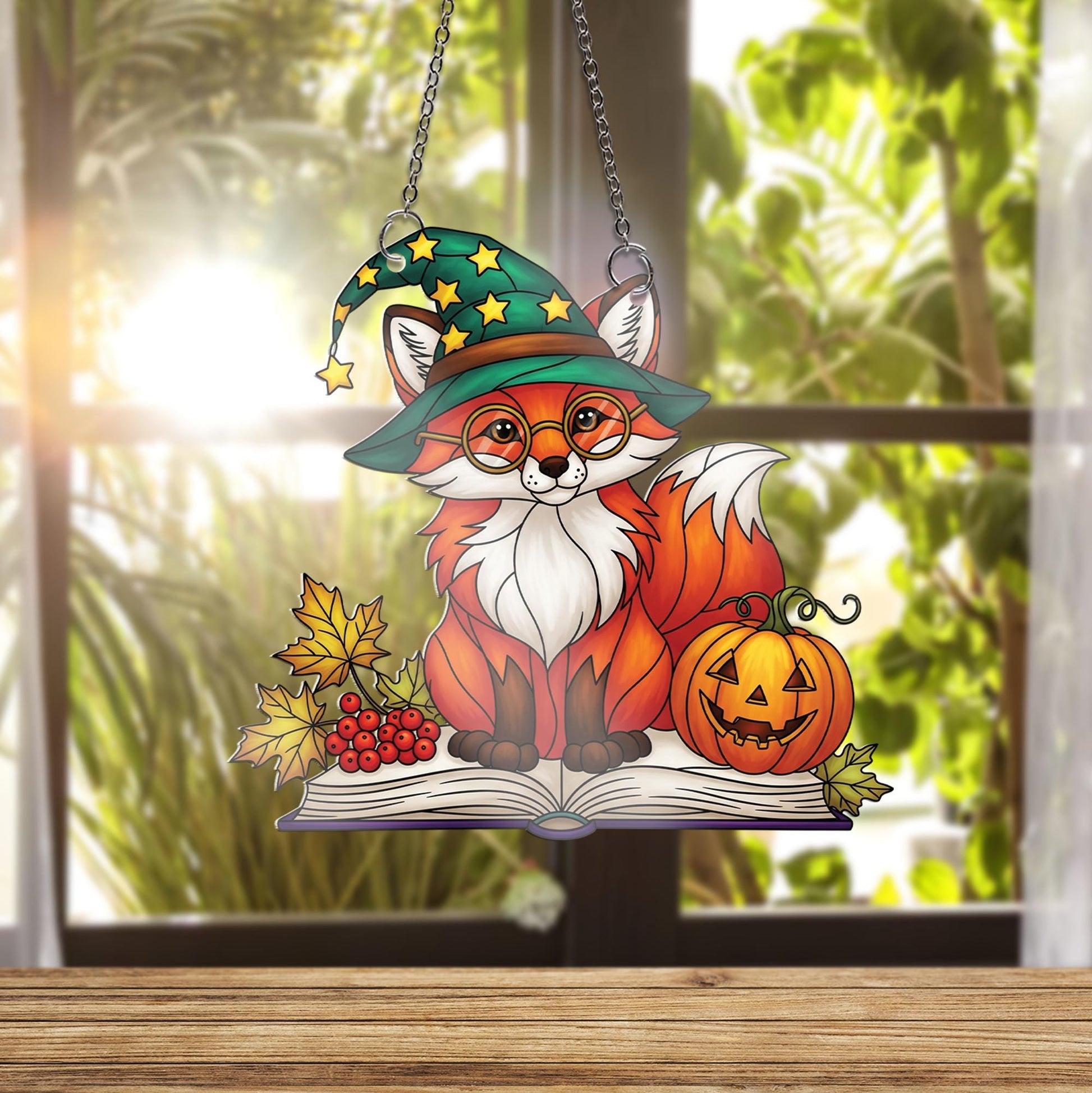 Witchy Fox Ornament | Halloween Stained Glass Art | Cute Autumn Window Decor | Book Lover Gift