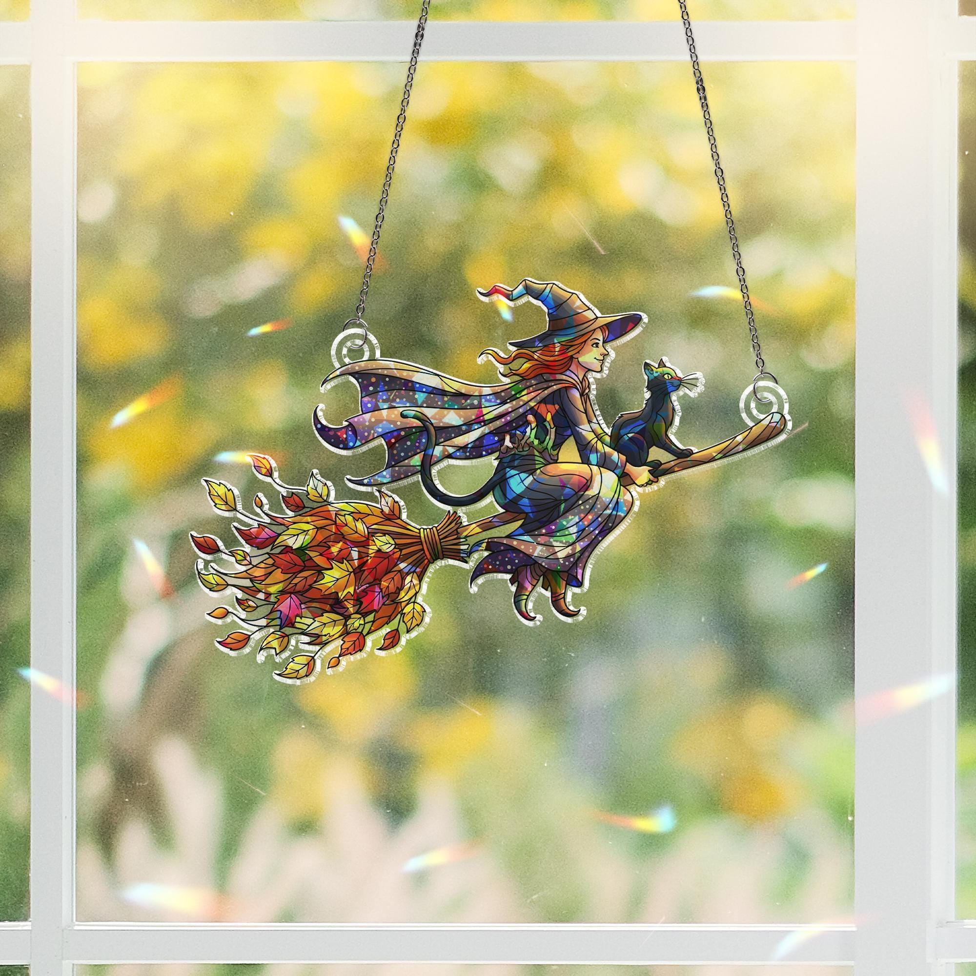 Stained Glass Witch Suncatcher - Halloween Window Decor with Black Cat & Autumn Leaves