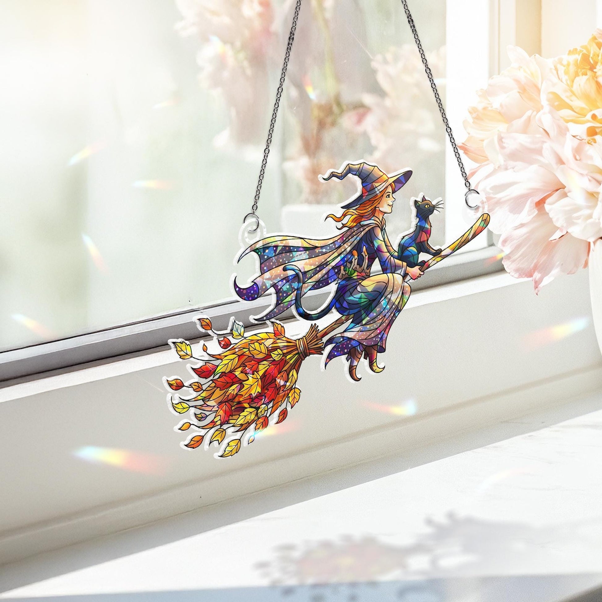 Stained Glass Witch Suncatcher - Halloween Window Decor with Black Cat & Autumn Leaves