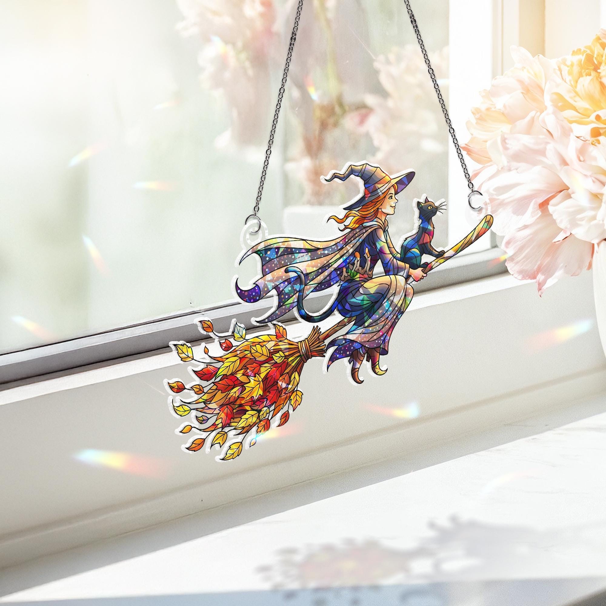 Stained Glass Witch Suncatcher - Halloween Window Decor with Black Cat & Autumn Leaves