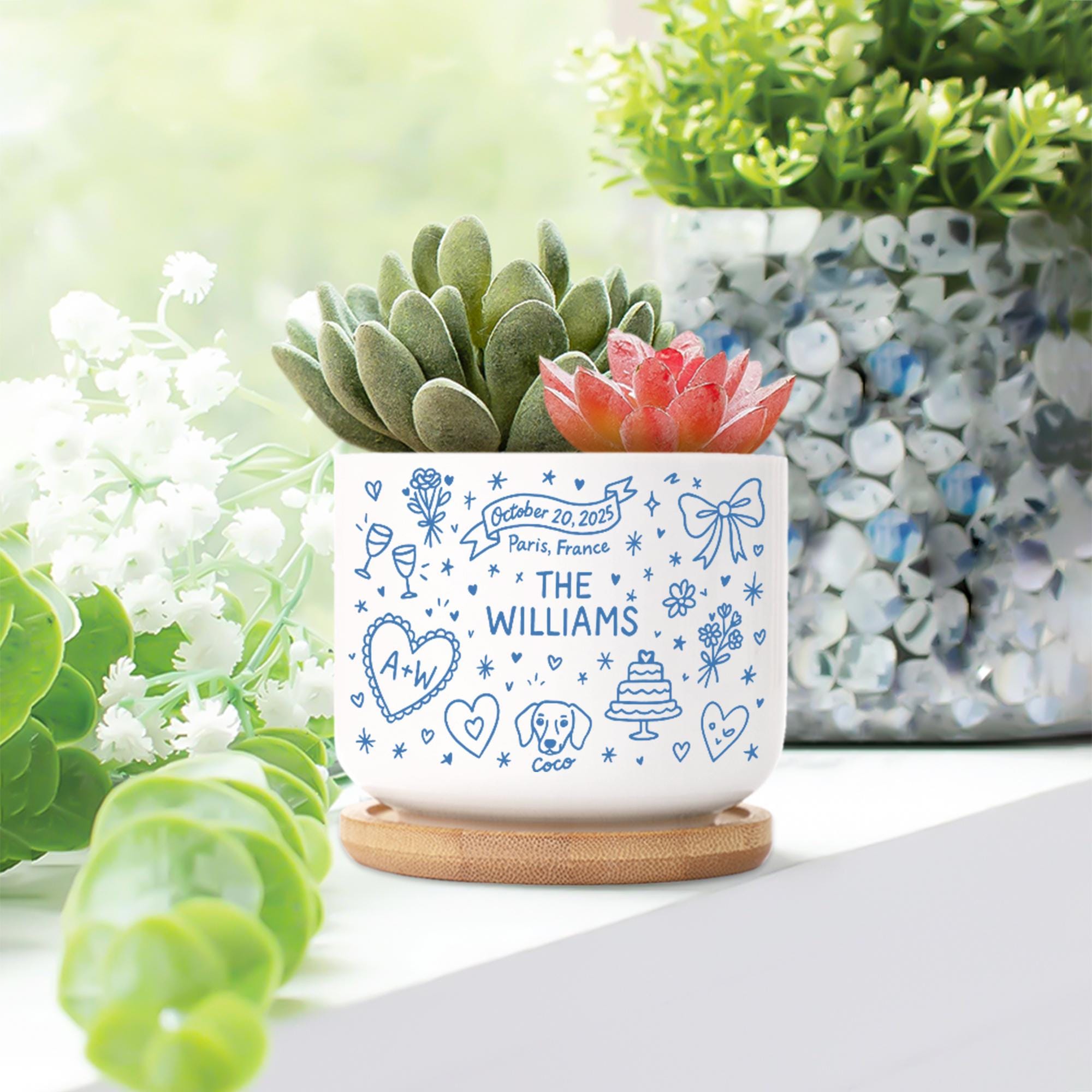 Personalized Wedding Planter, Custom Couple Name Succulent Pot, Dog & Date Keepsake Gift, Ceramic Plant Pot for Newlyweds (pot only)