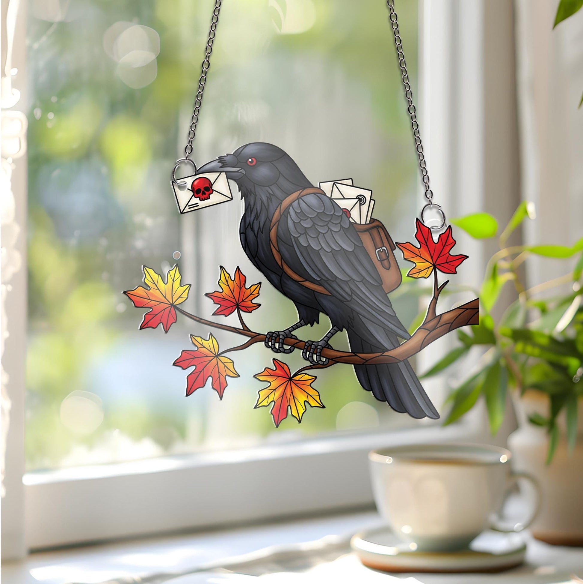 Raven Messenger ornament | Gothic Halloween Decor | Stained Glass Crow Art | Spooky Autumn Gift