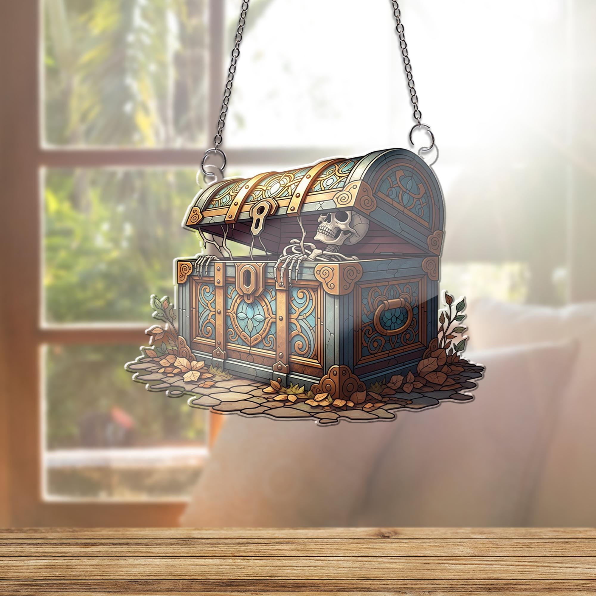 Skeleton Treasure Chest Suncatcher - Gothic Pirate Window Hanging Decor, Spooky Halloween Stained Glass Style Skeleton Chest Gift