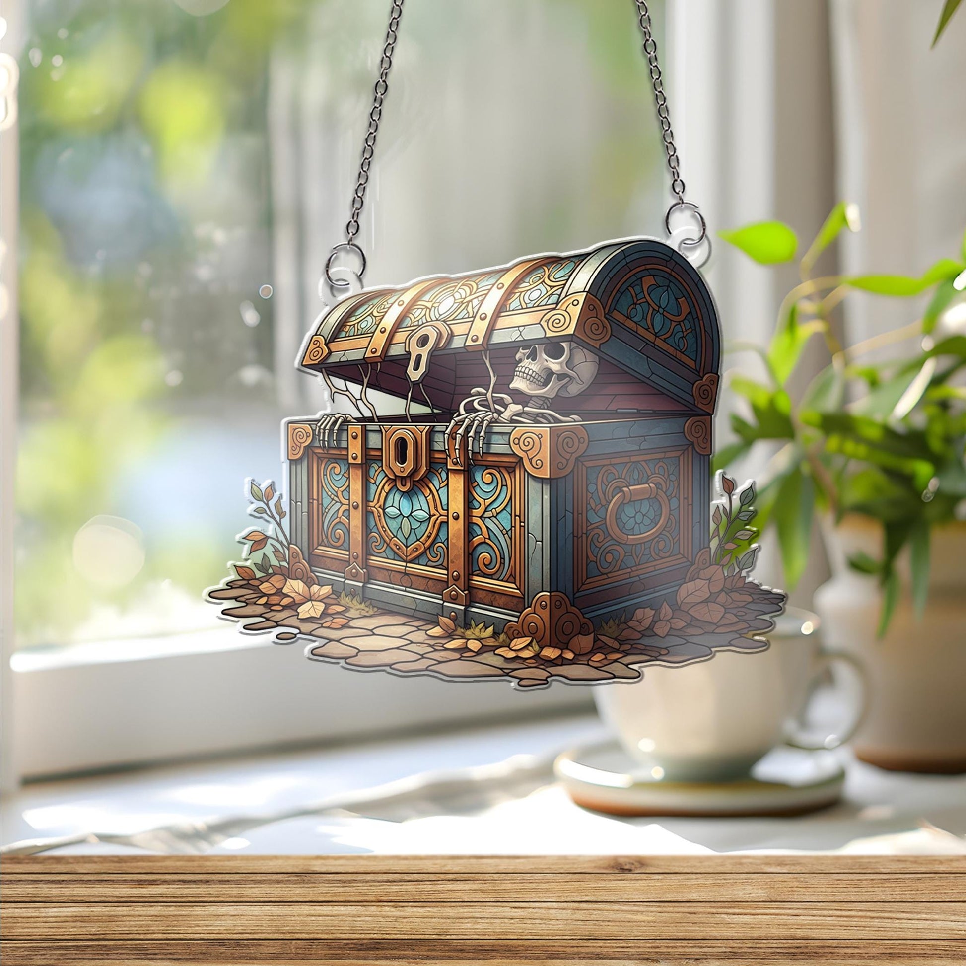 Skeleton Treasure Chest Suncatcher - Gothic Pirate Window Hanging Decor, Spooky Halloween Stained Glass Style Skeleton Chest Gift