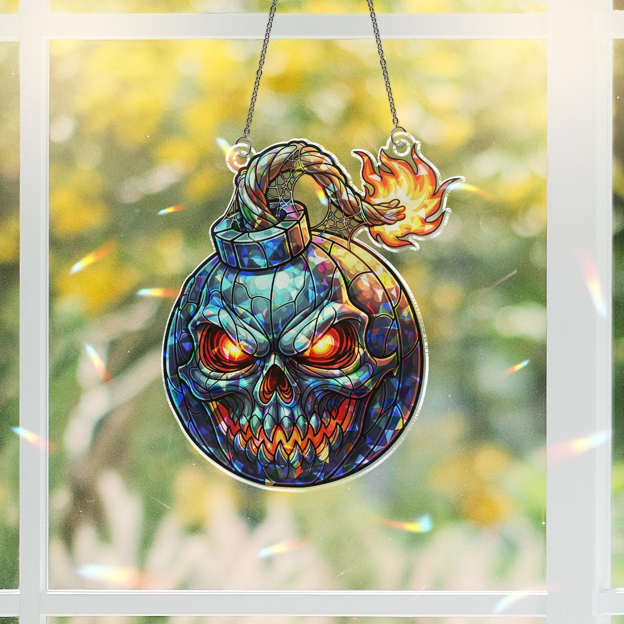 Halloween Skull Bomb Suncatcher – Stained Glass Style Spooky Window Hanging Decor