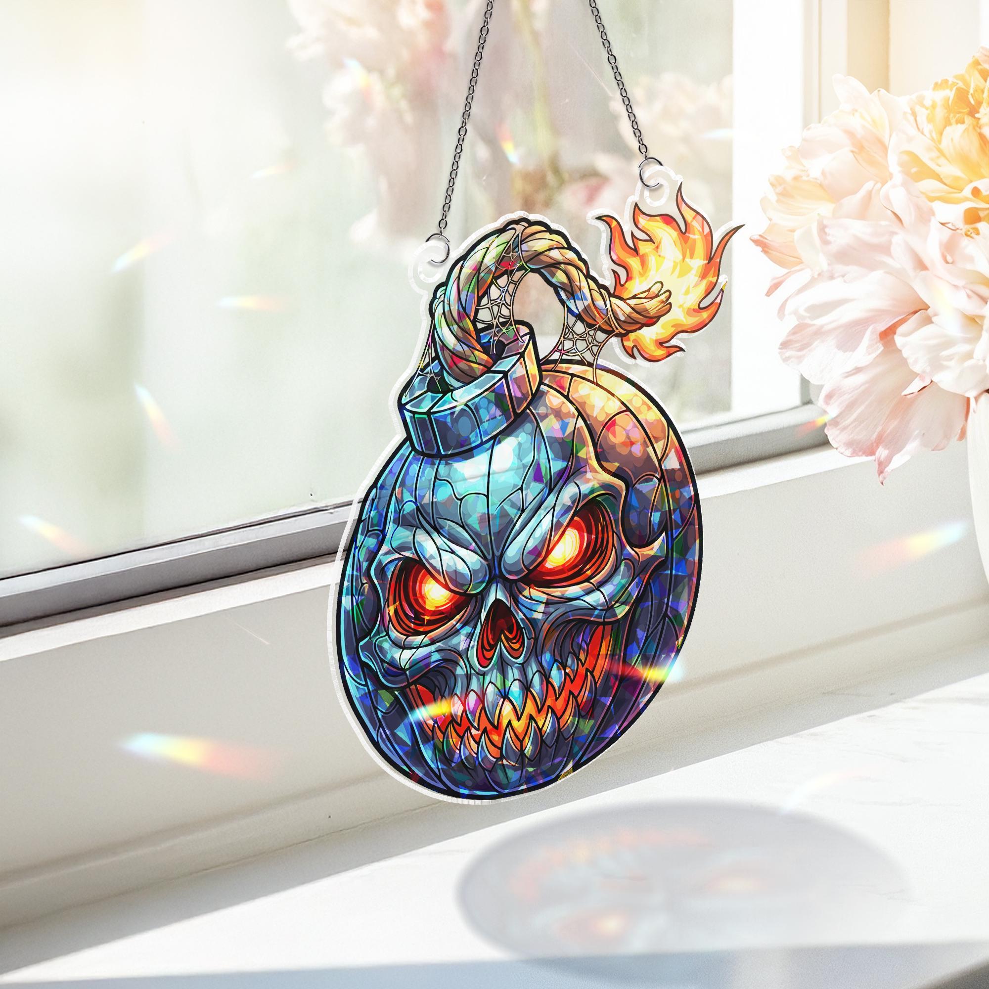 Halloween Skull Bomb Suncatcher – Stained Glass Style Spooky Window Hanging Decor