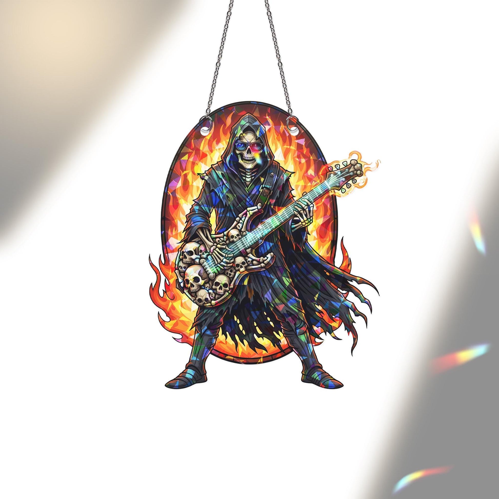 Flaming Skeleton Guitarist Suncatcher – Gothic Halloween Rock Window Hanging Decor