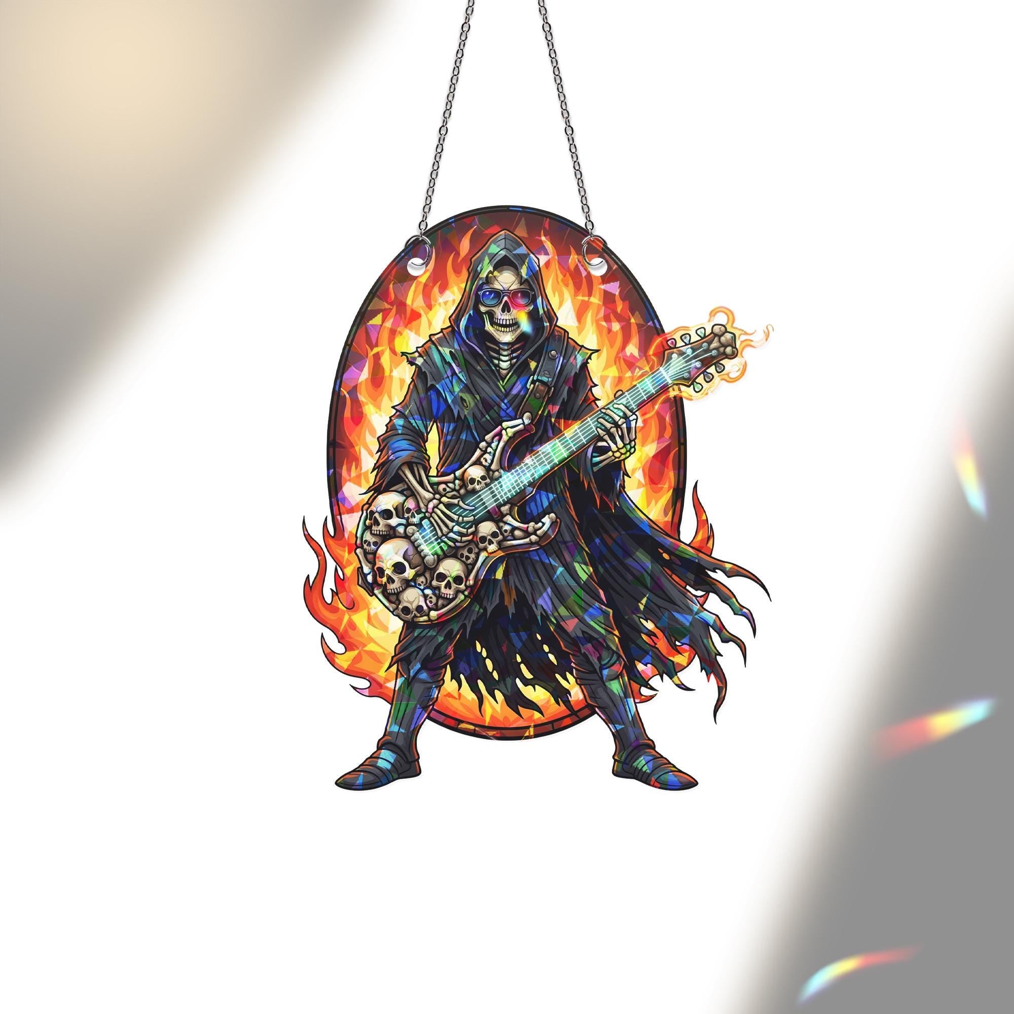 Flaming Skeleton Guitarist Suncatcher – Gothic Halloween Rock Window Hanging Decor