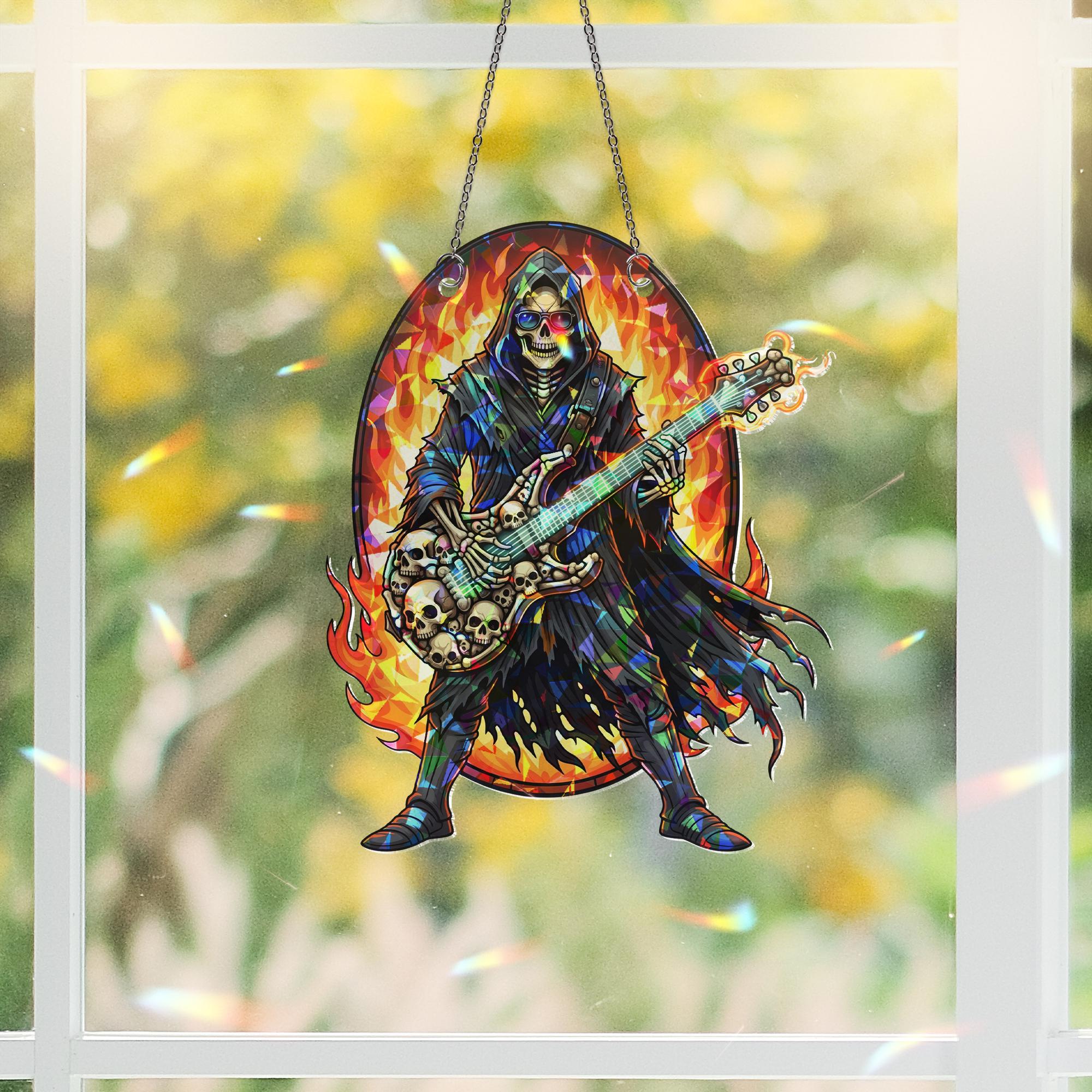 Flaming Skeleton Guitarist Suncatcher – Gothic Halloween Rock Window Hanging Decor