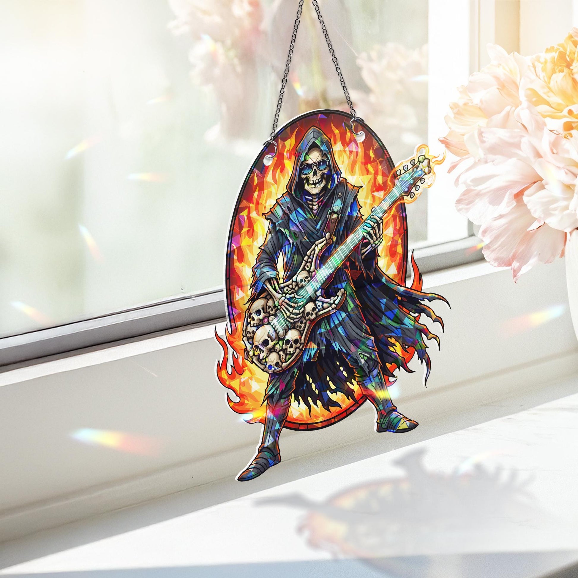 Flaming Skeleton Guitarist Suncatcher – Gothic Halloween Rock Window Hanging Decor