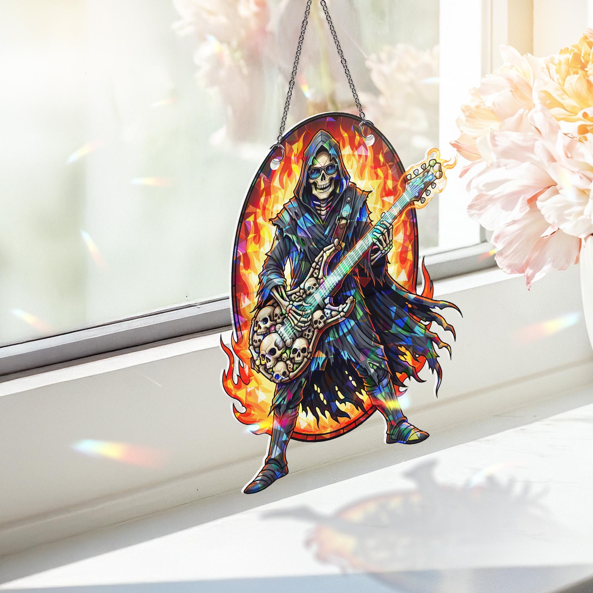 Flaming Skeleton Guitarist Suncatcher – Gothic Halloween Rock Window Hanging Decor