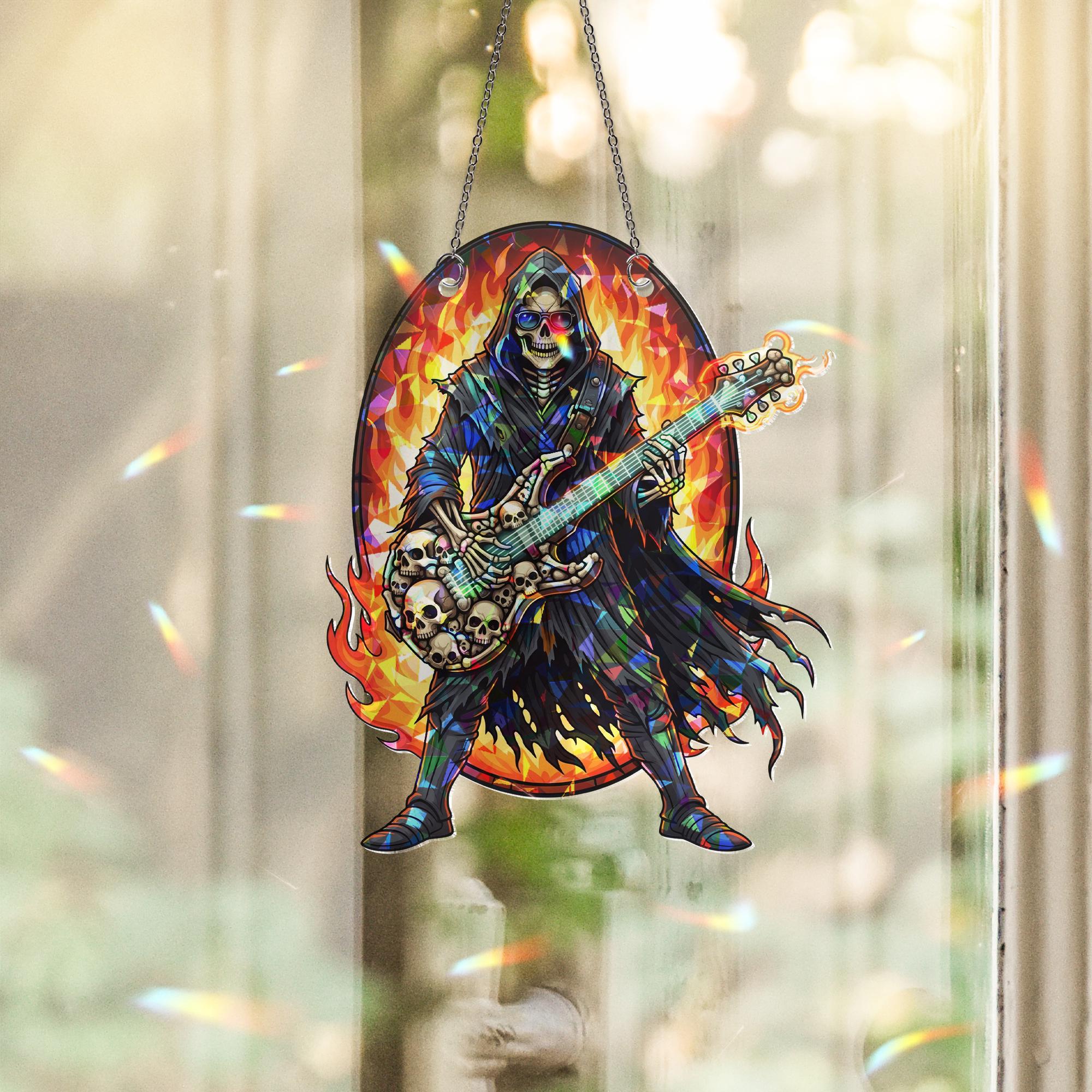 Flaming Skeleton Guitarist Suncatcher – Gothic Halloween Rock Window Hanging Decor