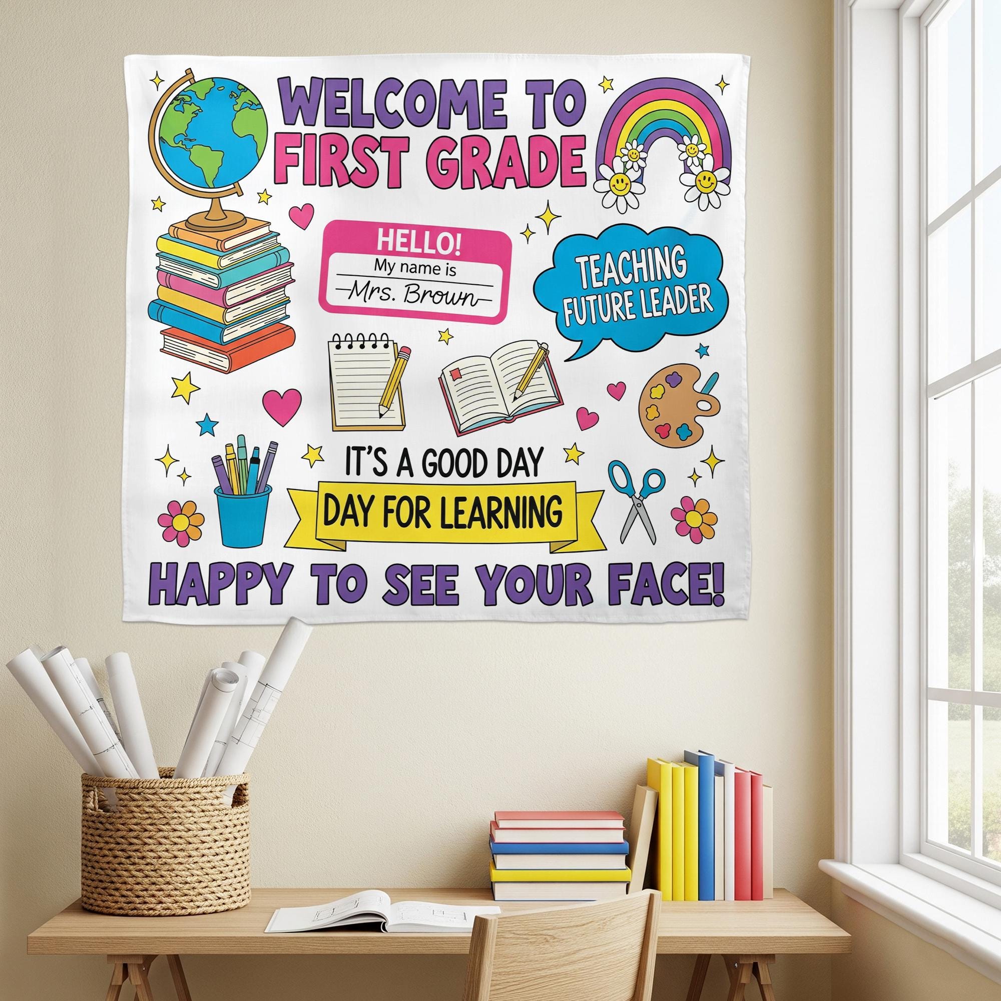 Personalized Welcome to First Grade Tapestry – Personalized Classroom Wall Decor for Teachers – Back to School Sign, Classroom Wall Decor