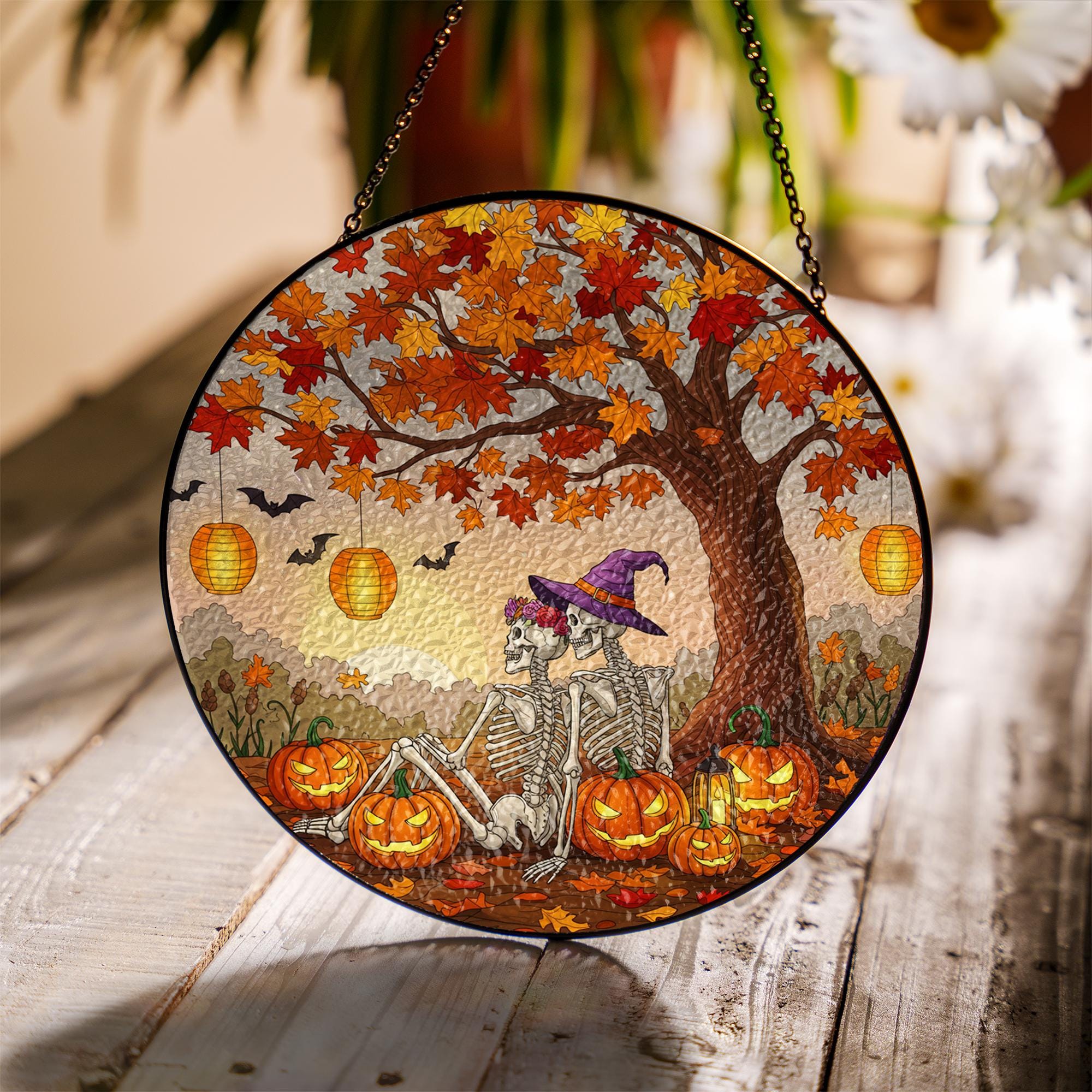 Skeleton Couple Fall Suncatcher – Halloween Pumpkin Window Hanging Autumn Decor