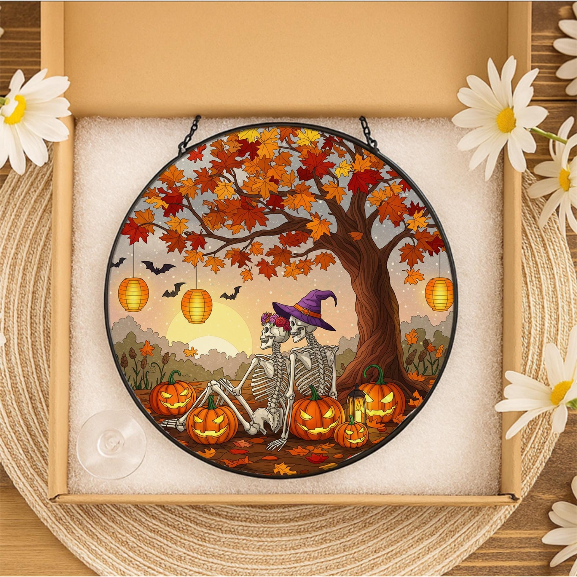 Skeleton Couple Fall Suncatcher – Halloween Pumpkin Window Hanging Autumn Decor