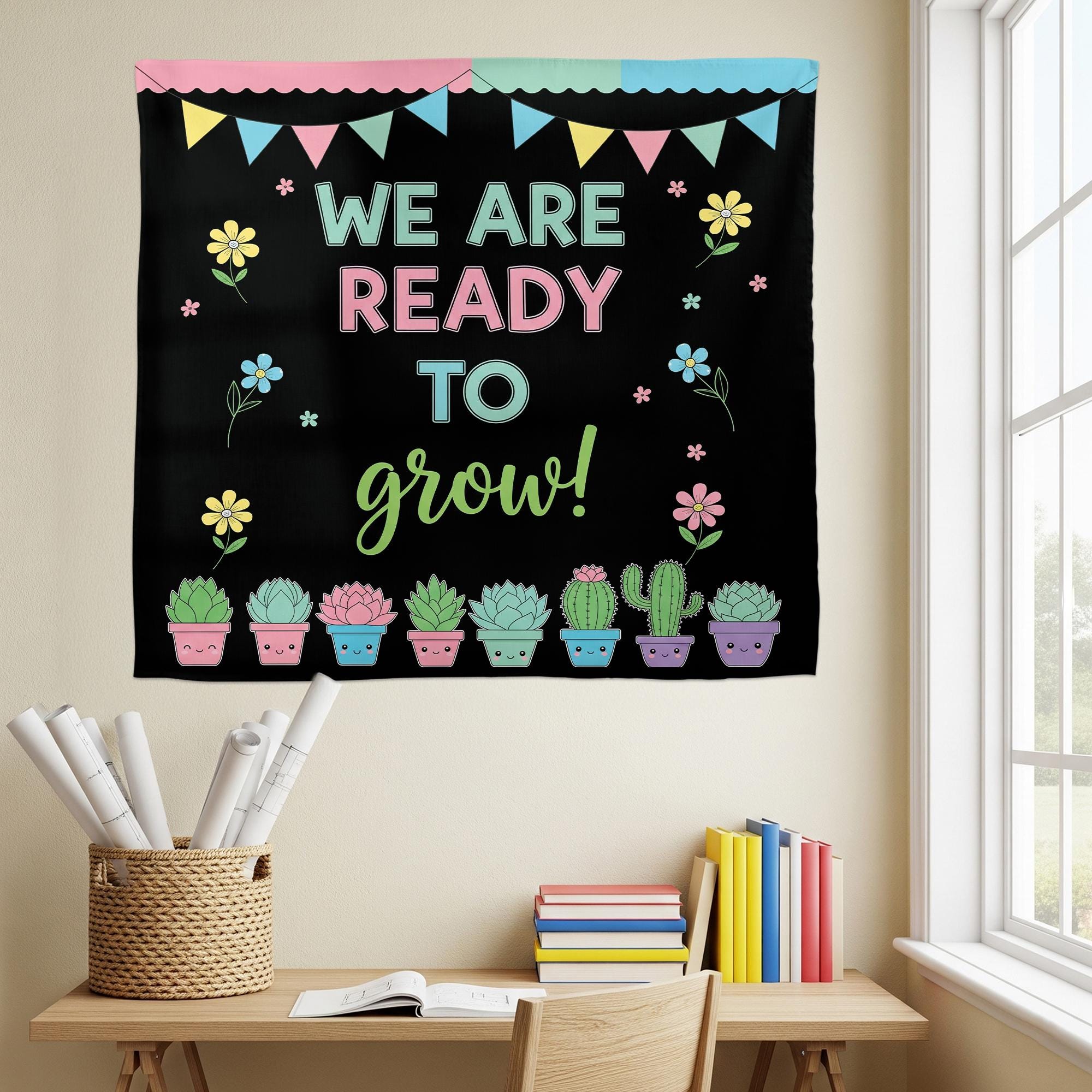 We Are Ready to Grow Tapestry – Cute Succulent Classroom Decor – Back to School Sign – Growth Mindset Teacher Poster, Classroom Tapestry