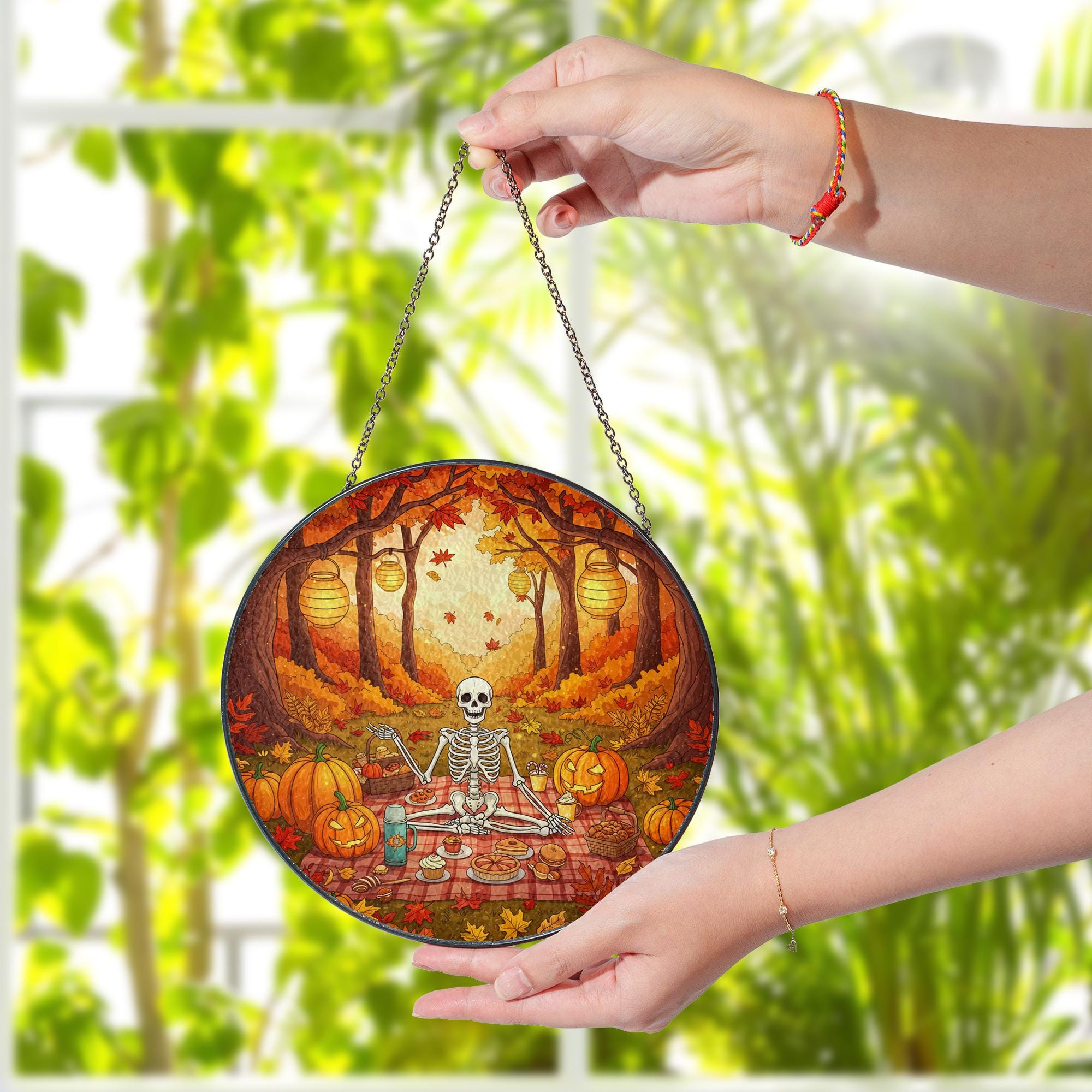 Skeleton Picnic Suncatcher – Halloween Autumn Window Decor with Pumpkins & Leaves
