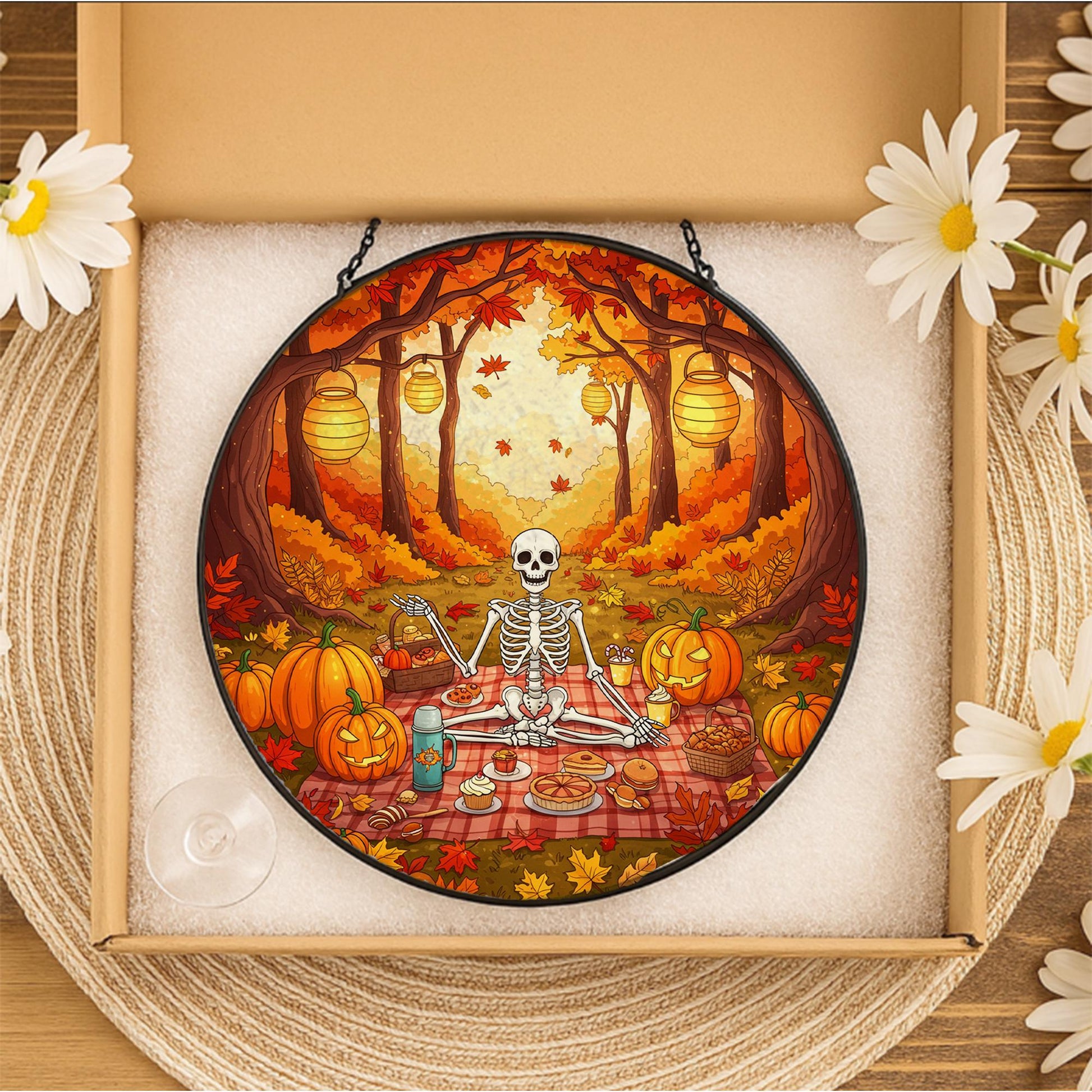 Skeleton Picnic Suncatcher – Halloween Autumn Window Decor with Pumpkins & Leaves