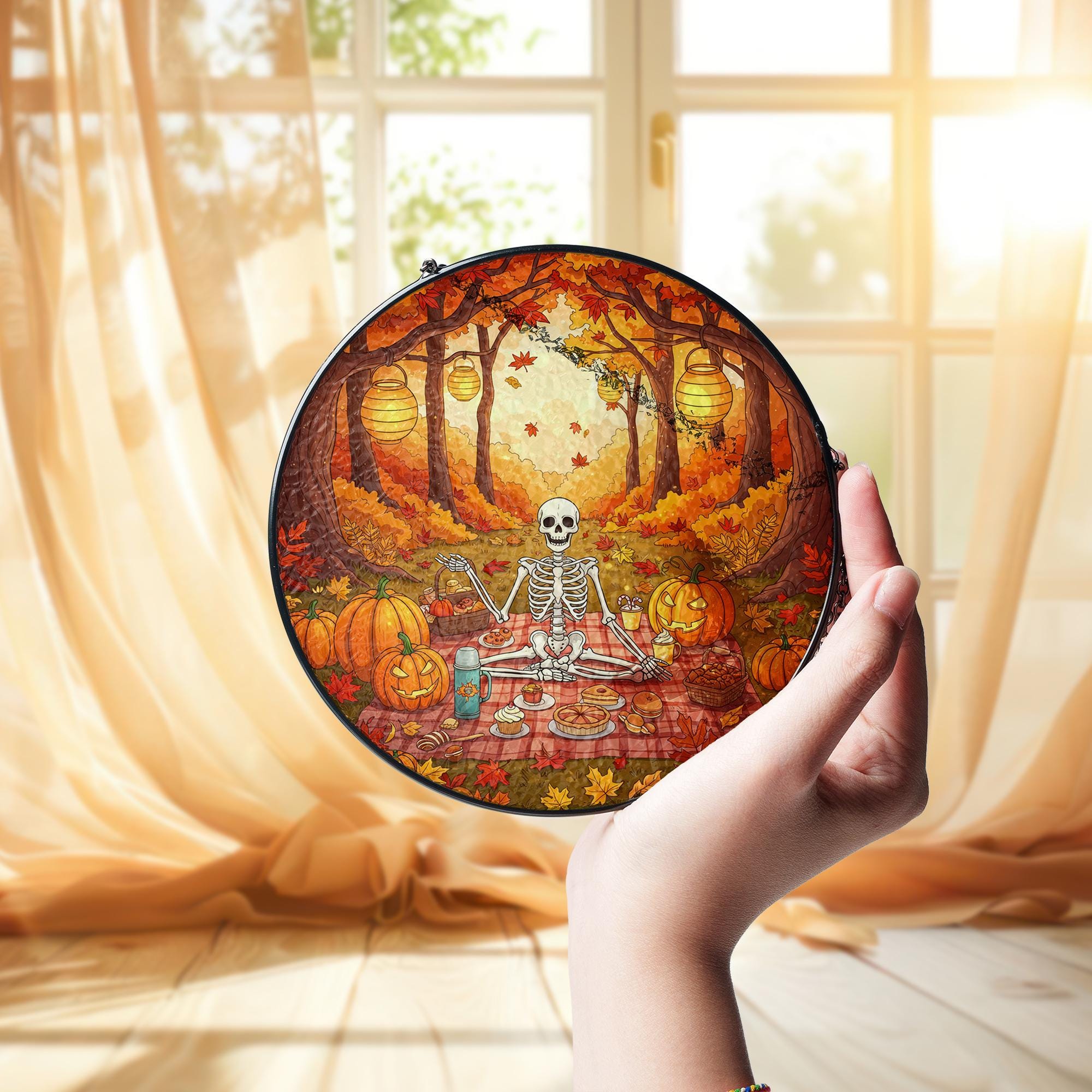 Skeleton Picnic Suncatcher – Halloween Autumn Window Decor with Pumpkins & Leaves