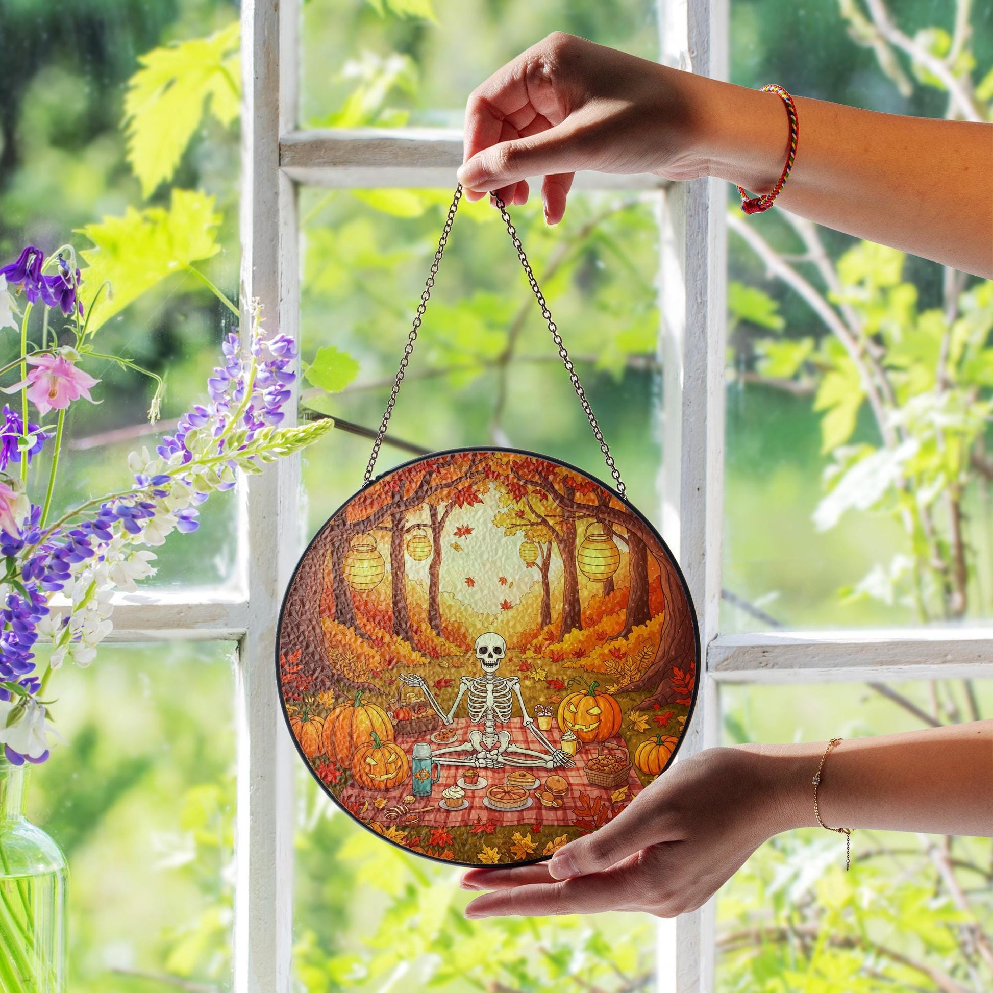 Skeleton Picnic Suncatcher – Halloween Autumn Window Decor with Pumpkins & Leaves