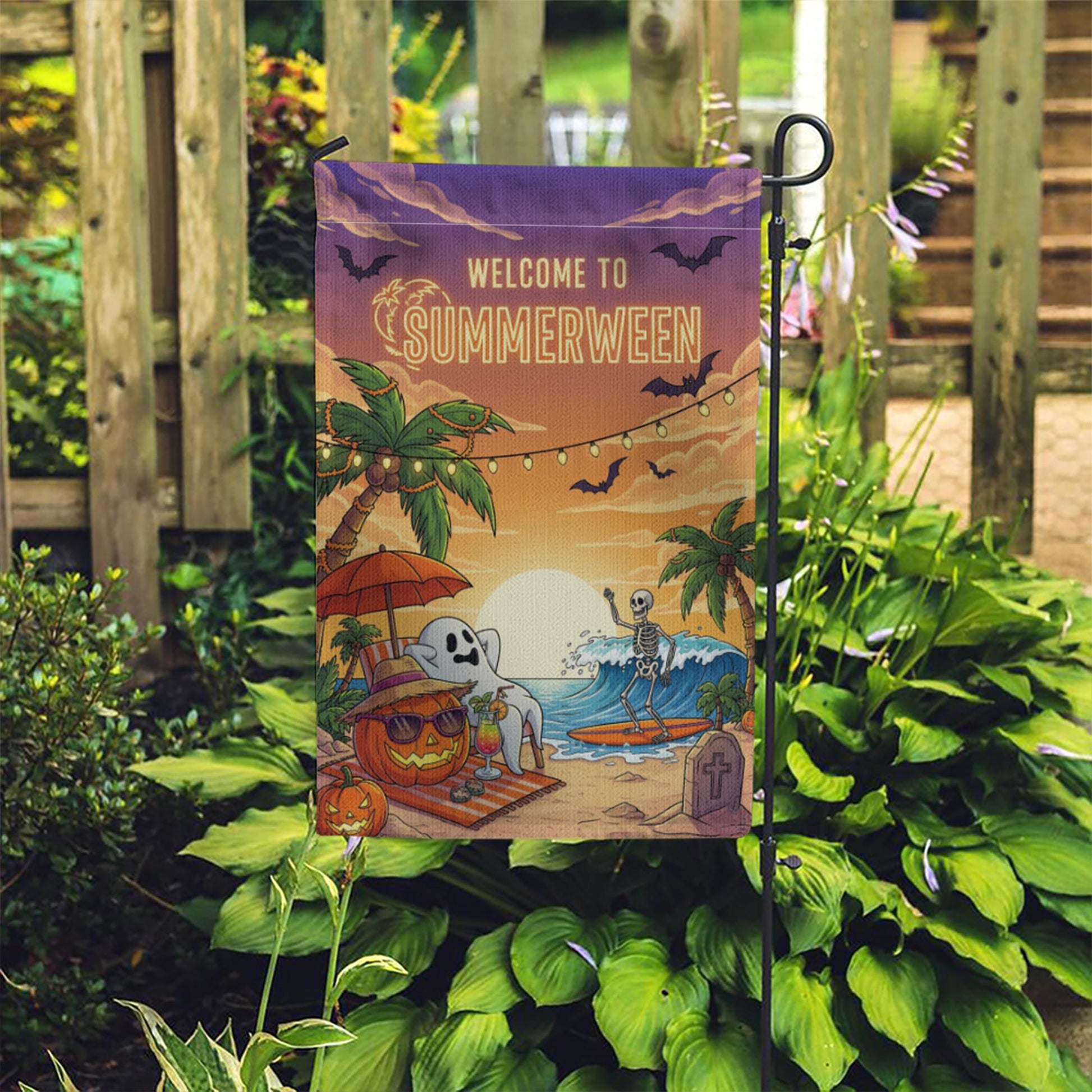 Summerween Garden Flag – Funny Halloween Beach Decor with Skeleton & Ghost