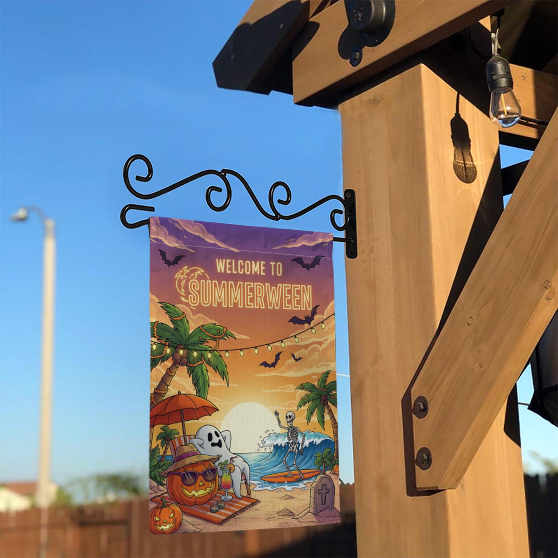Summerween Garden Flag – Funny Halloween Beach Decor with Skeleton & Ghost