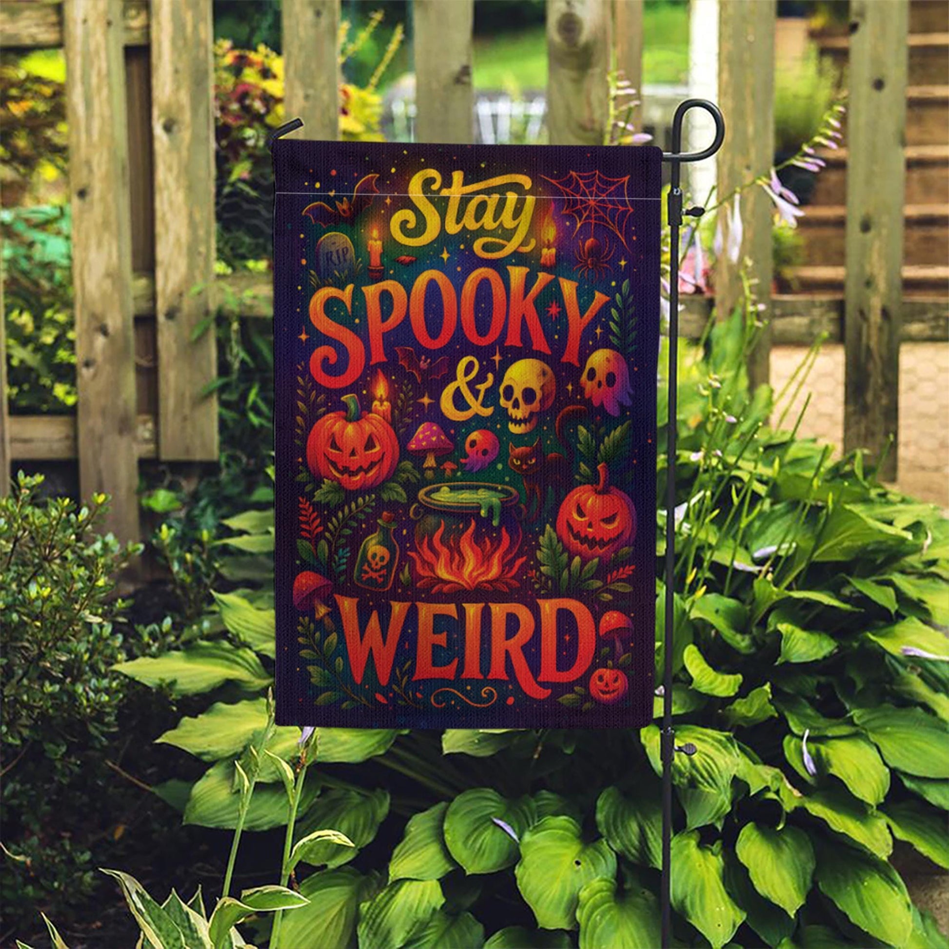 Stay Spooky and Weird Garden Flag – Funny Halloween Yard Decor with Pumpkins & Skulls