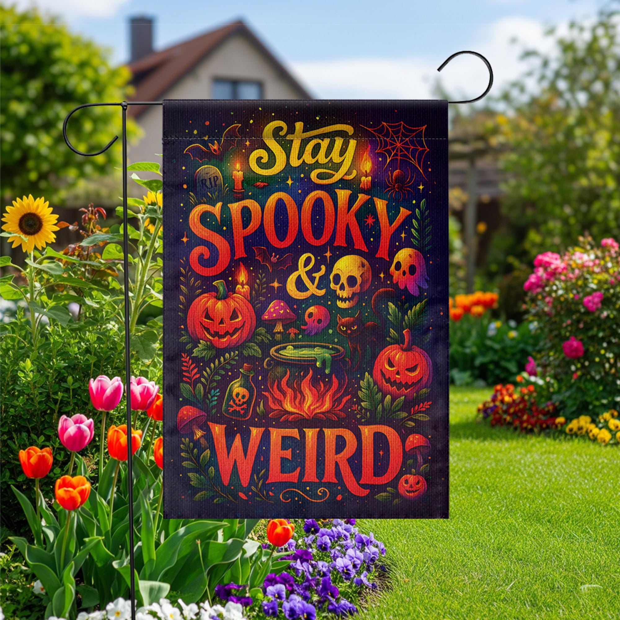 Stay Spooky and Weird Garden Flag – Funny Halloween Yard Decor with Pumpkins & Skulls