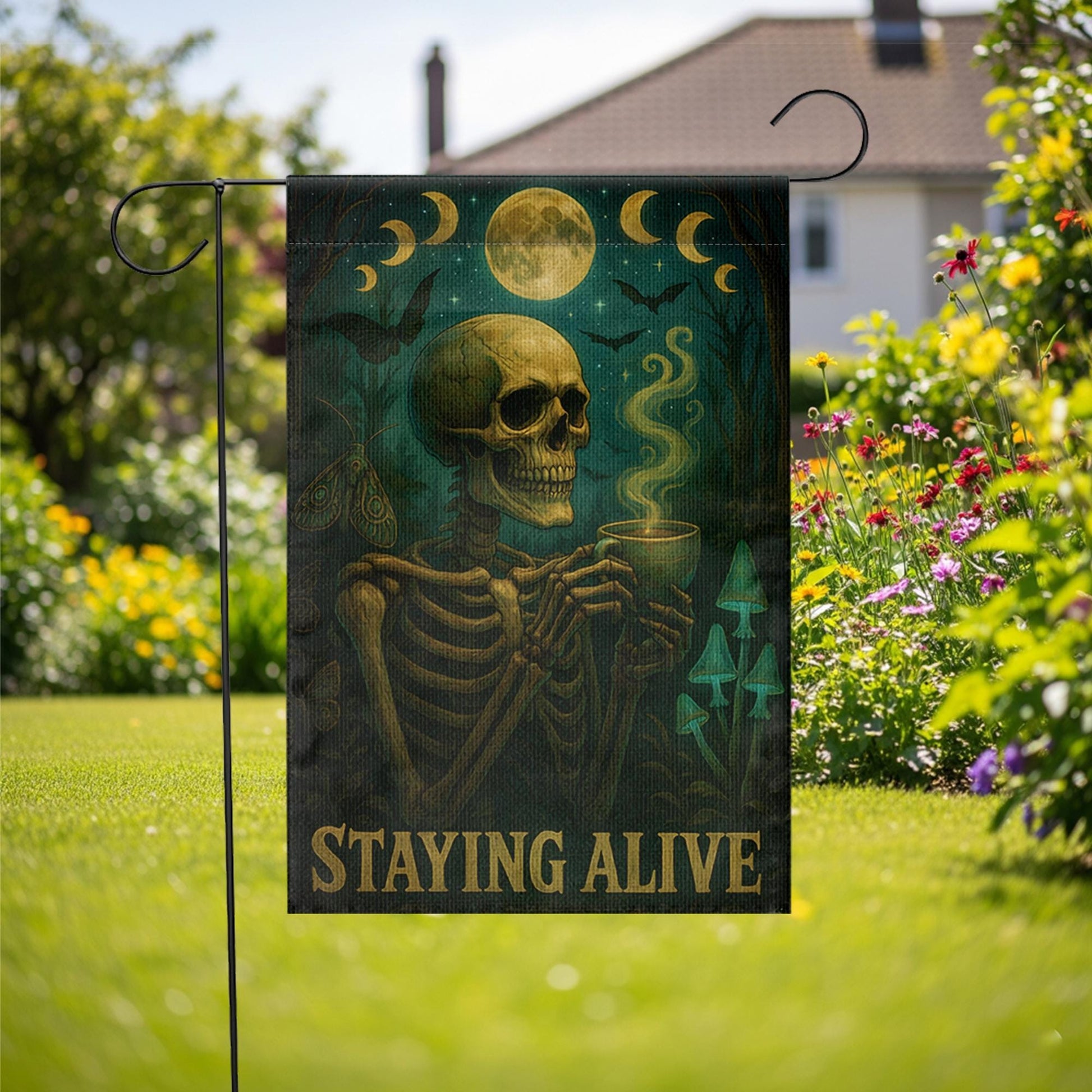 Halloween Funny Skeleton Coffee Garden Flag, Staying Alive Skull Yard Decor, Gothic Spooky Outdoor Banner,Dark Humor Witchy Halloween Gift