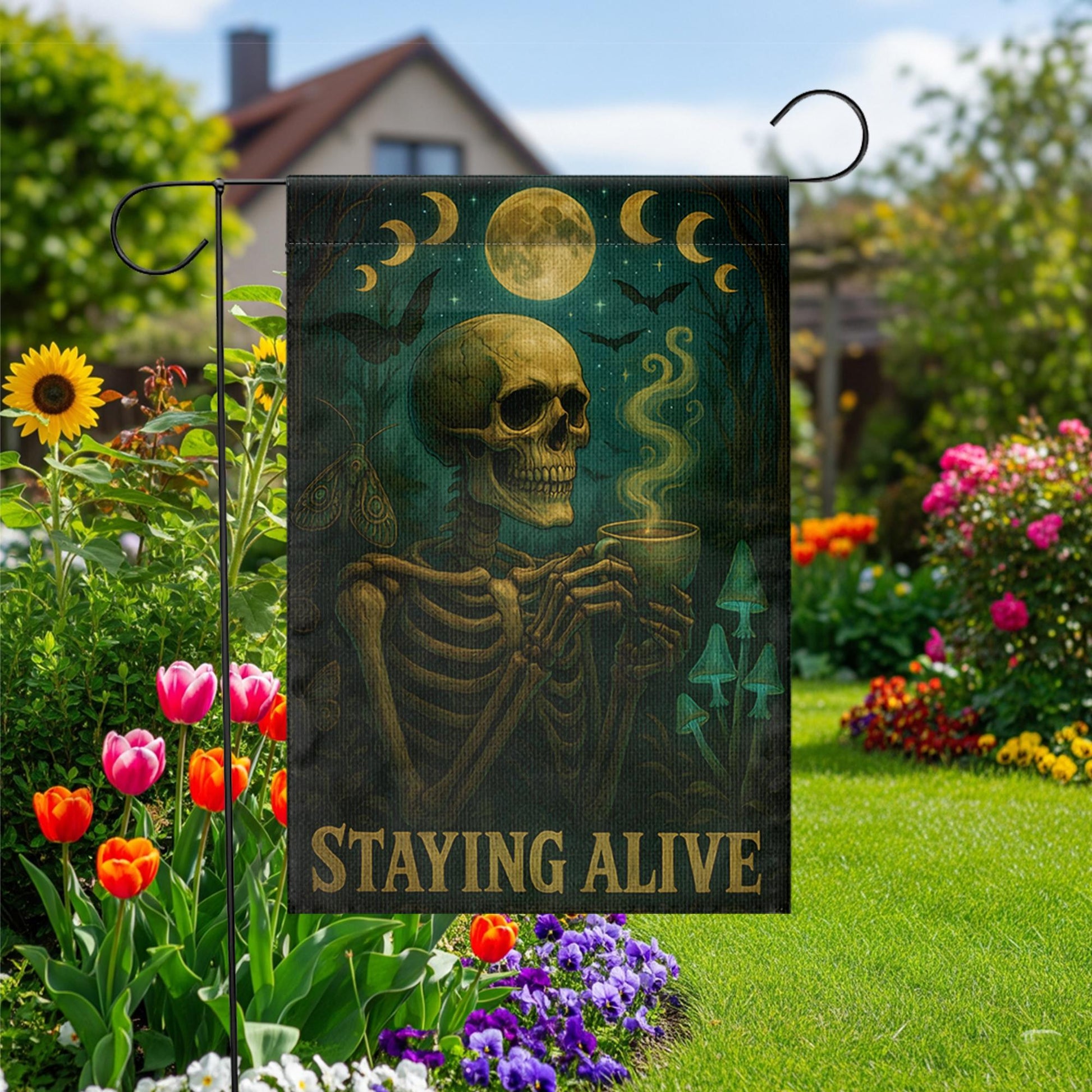 Halloween Funny Skeleton Coffee Garden Flag, Staying Alive Skull Yard Decor, Gothic Spooky Outdoor Banner,Dark Humor Witchy Halloween Gift
