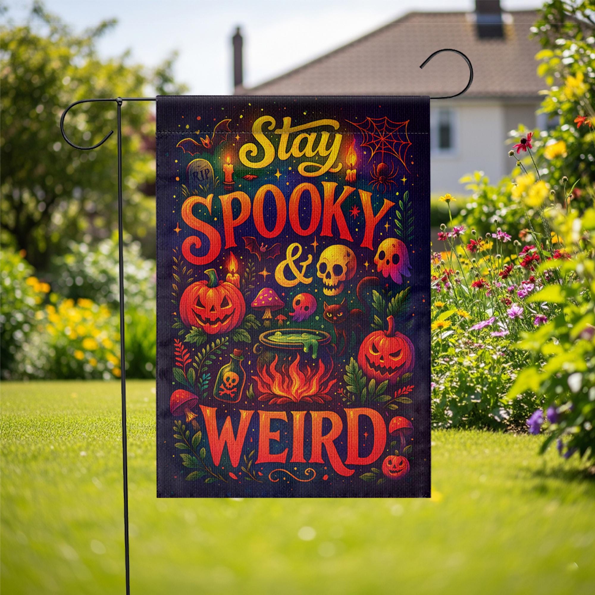 Stay Spooky and Weird Garden Flag – Funny Halloween Yard Decor with Pumpkins & Skulls