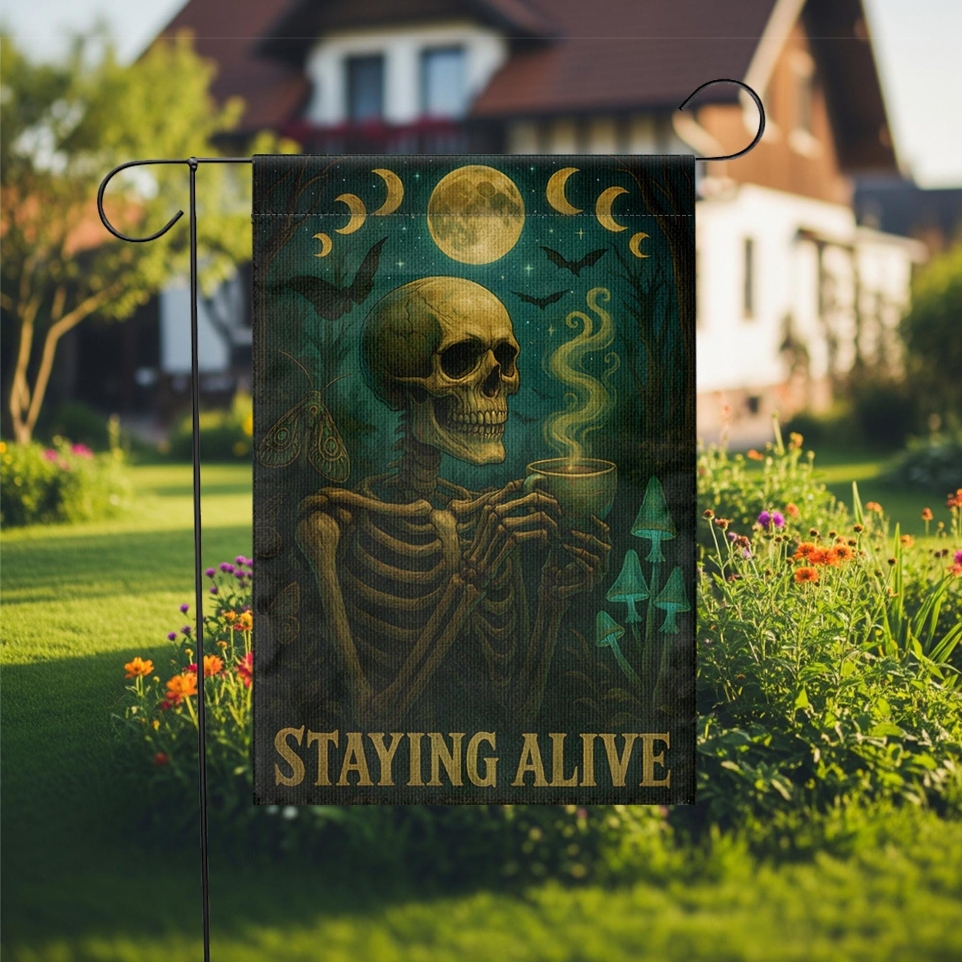 Halloween Funny Skeleton Coffee Garden Flag, Staying Alive Skull Yard Decor, Gothic Spooky Outdoor Banner,Dark Humor Witchy Halloween Gift