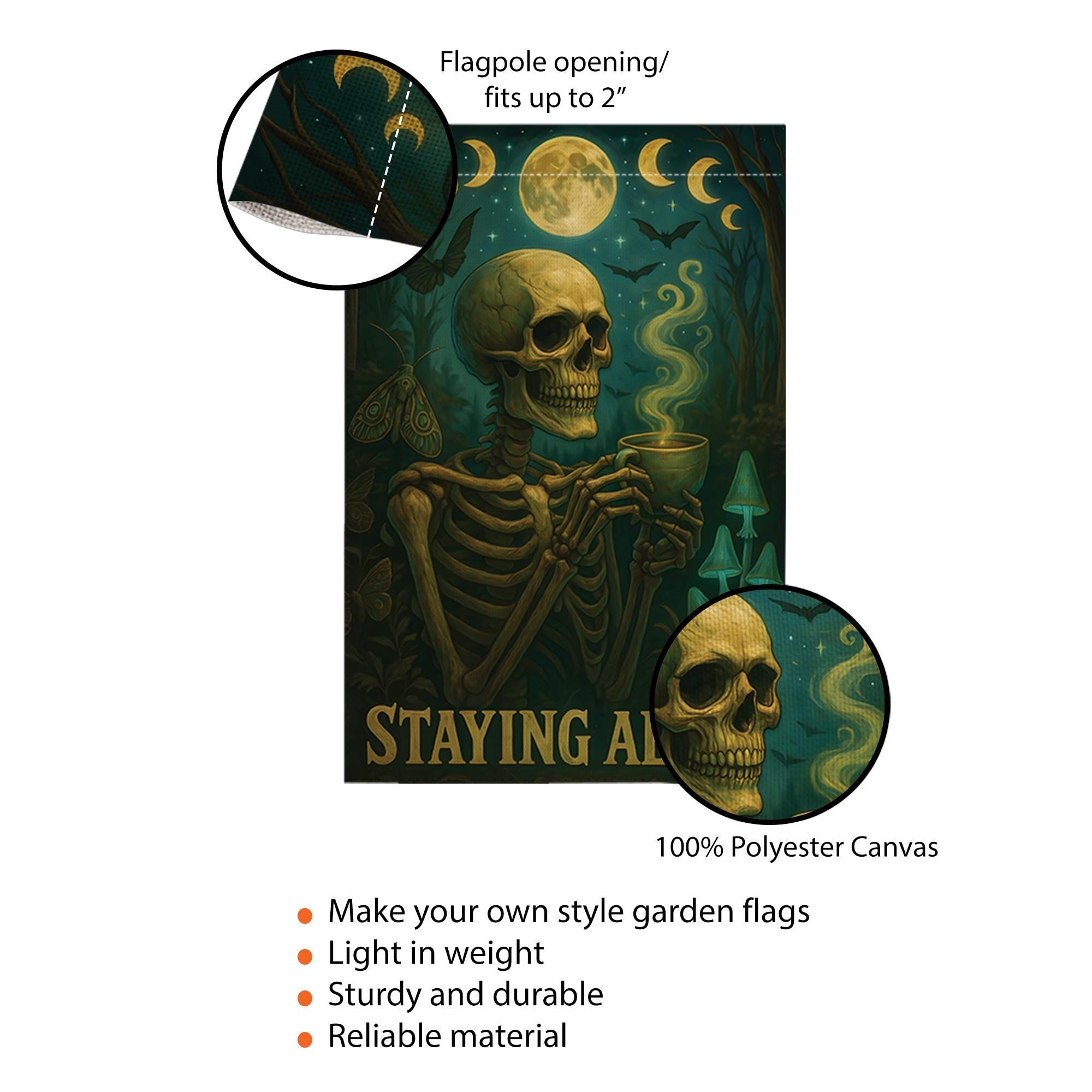 Halloween Funny Skeleton Coffee Garden Flag, Staying Alive Skull Yard Decor, Gothic Spooky Outdoor Banner,Dark Humor Witchy Halloween Gift