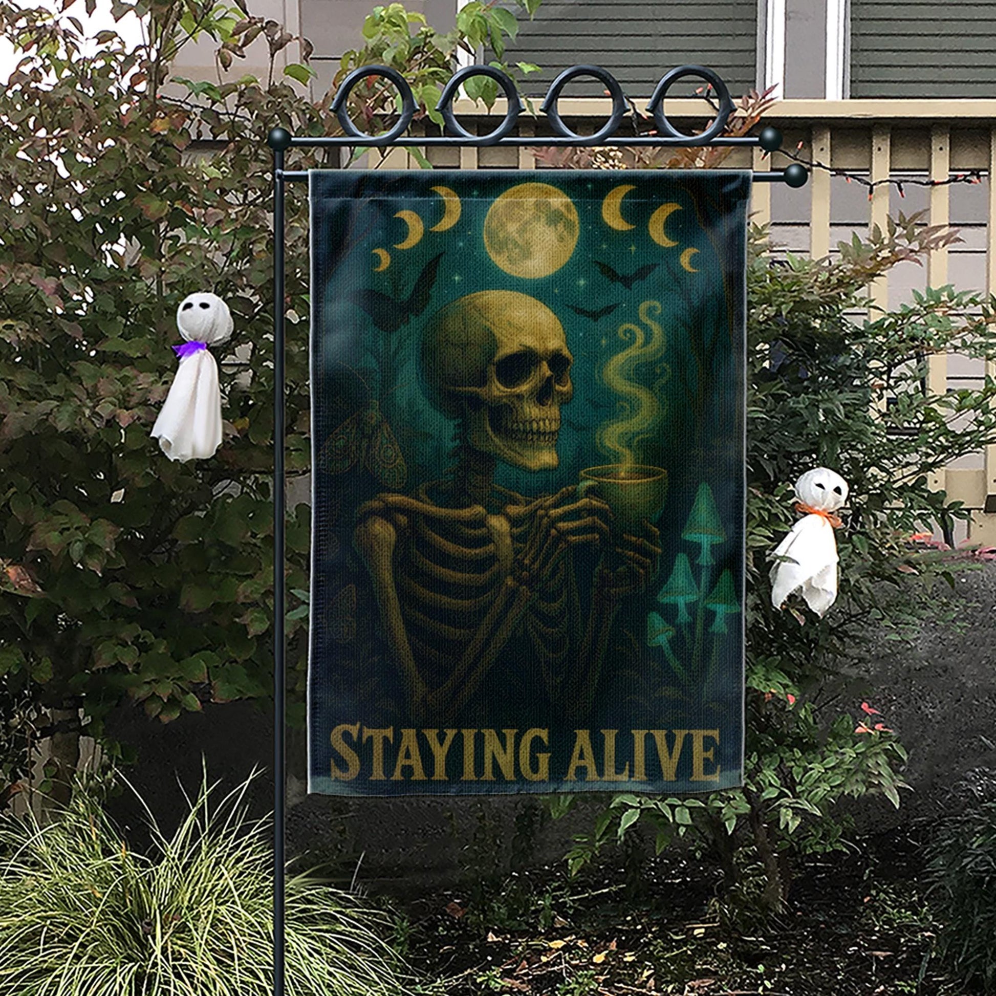 Halloween Funny Skeleton Coffee Garden Flag, Staying Alive Skull Yard Decor, Gothic Spooky Outdoor Banner,Dark Humor Witchy Halloween Gift