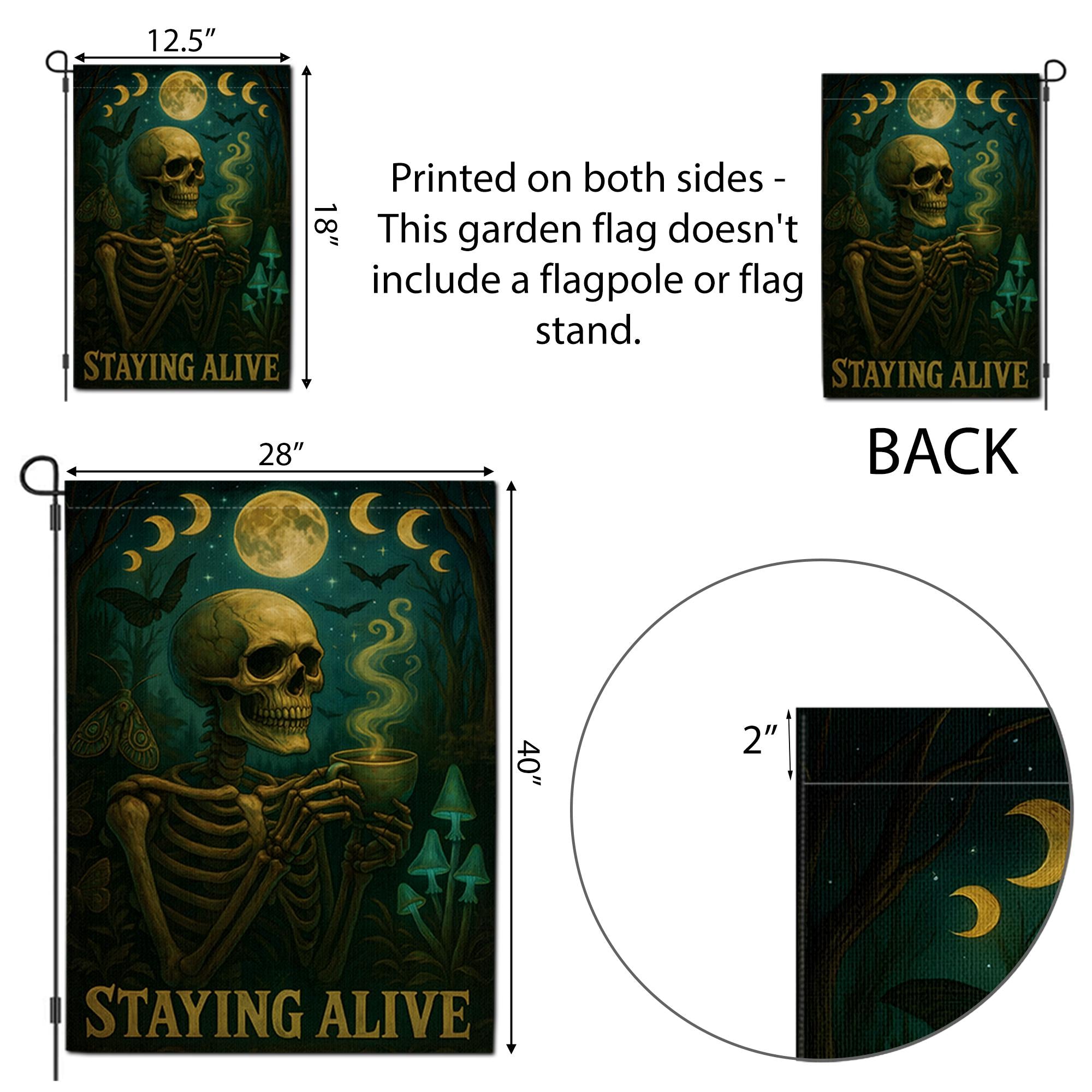 Halloween Funny Skeleton Coffee Garden Flag, Staying Alive Skull Yard Decor, Gothic Spooky Outdoor Banner,Dark Humor Witchy Halloween Gift