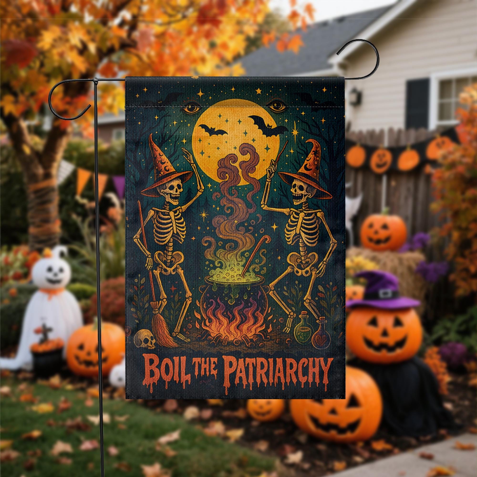 Boil the Patriarchy Garden Flag – Feminist Halloween Yard Decor with Witches & Cauldron