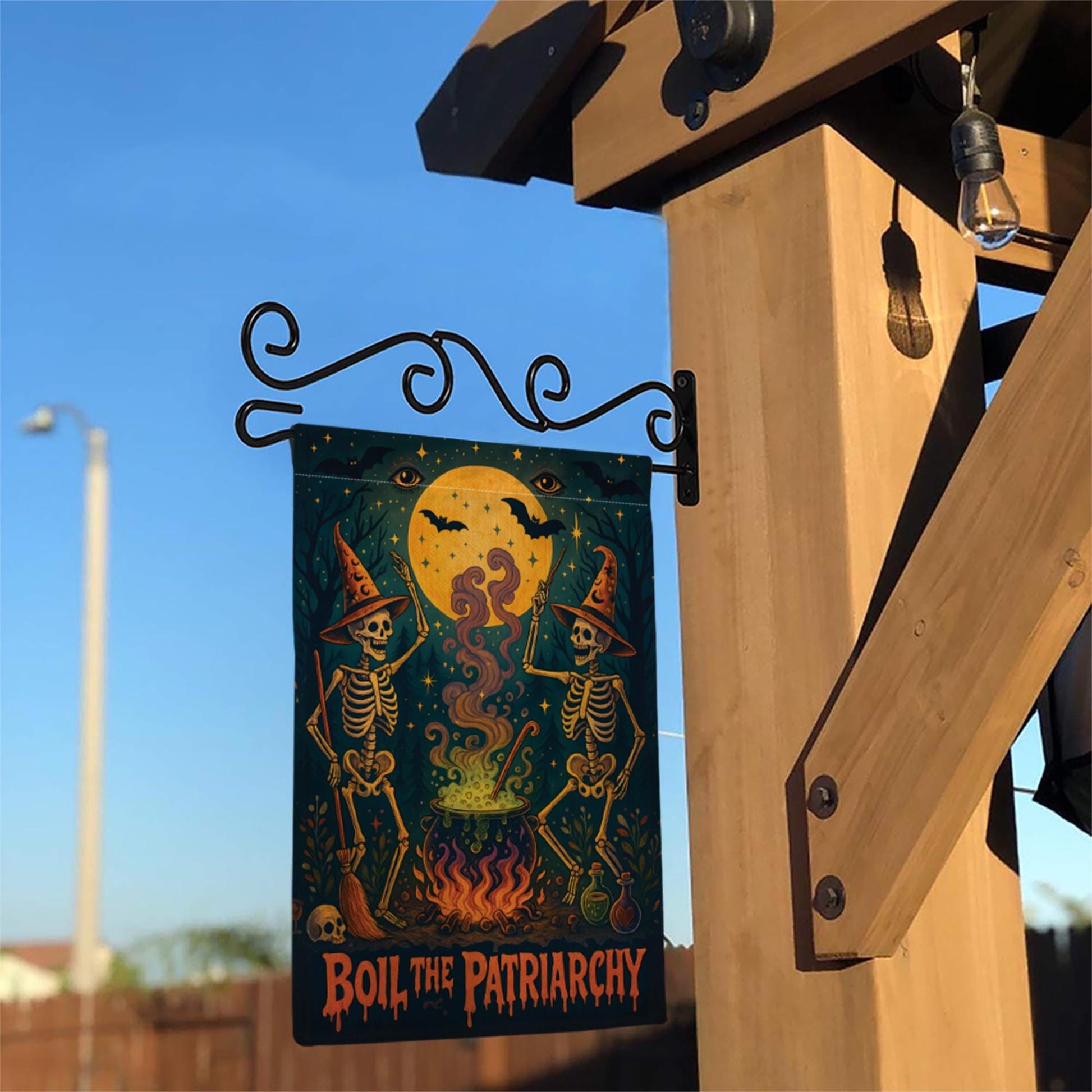 Boil the Patriarchy Garden Flag – Feminist Halloween Yard Decor with Witches & Cauldron