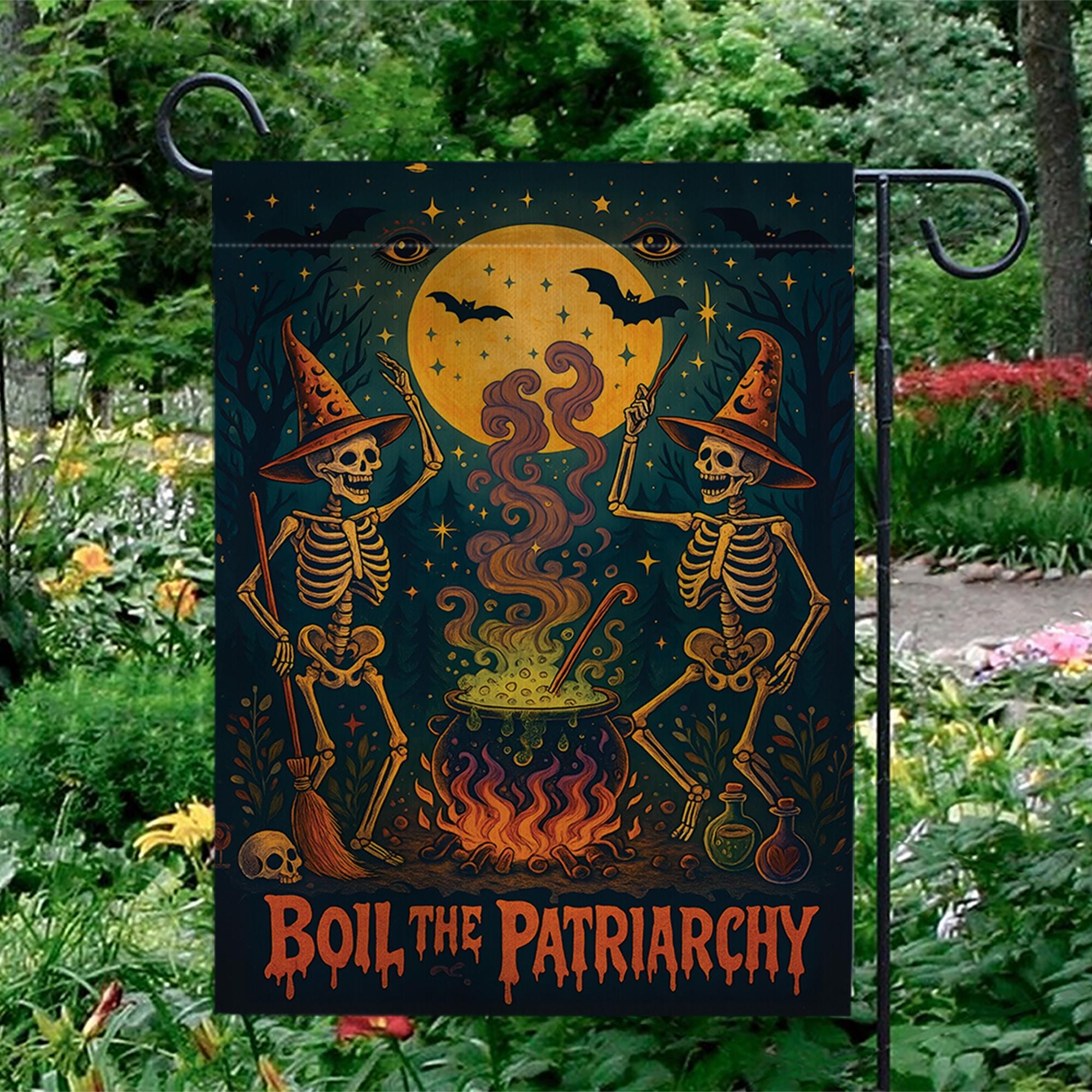 Boil the Patriarchy Garden Flag – Feminist Halloween Yard Decor with Witches & Cauldron