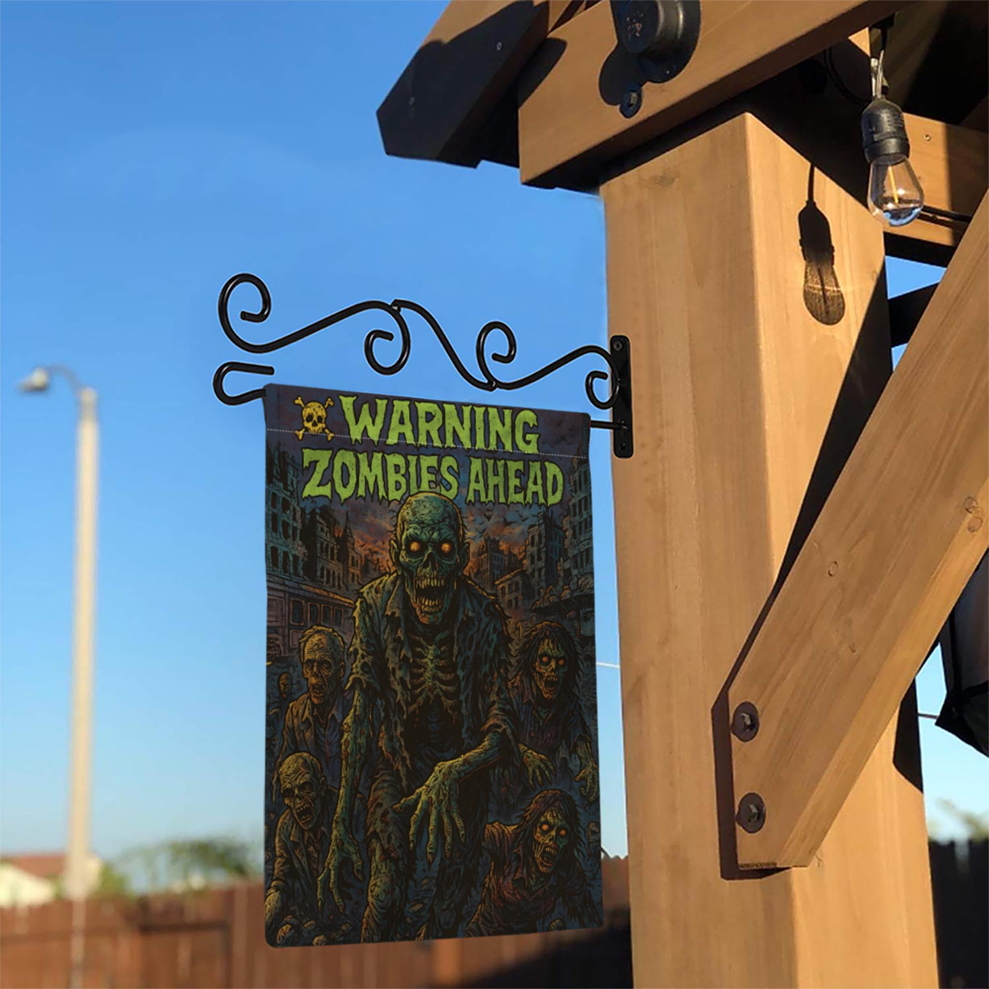 Warning Zombies Ahead Garden Flag, Spooky Halloween Yard Decor, Outdoor Horror Sign, Undead Apocalypse Decoration, Double Sided Welcome Flag