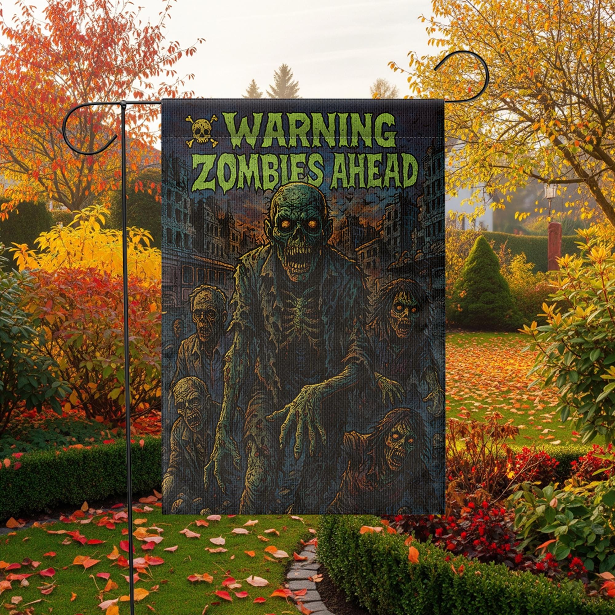 Warning Zombies Ahead Garden Flag, Spooky Halloween Yard Decor, Outdoor Horror Sign, Undead Apocalypse Decoration, Double Sided Welcome Flag