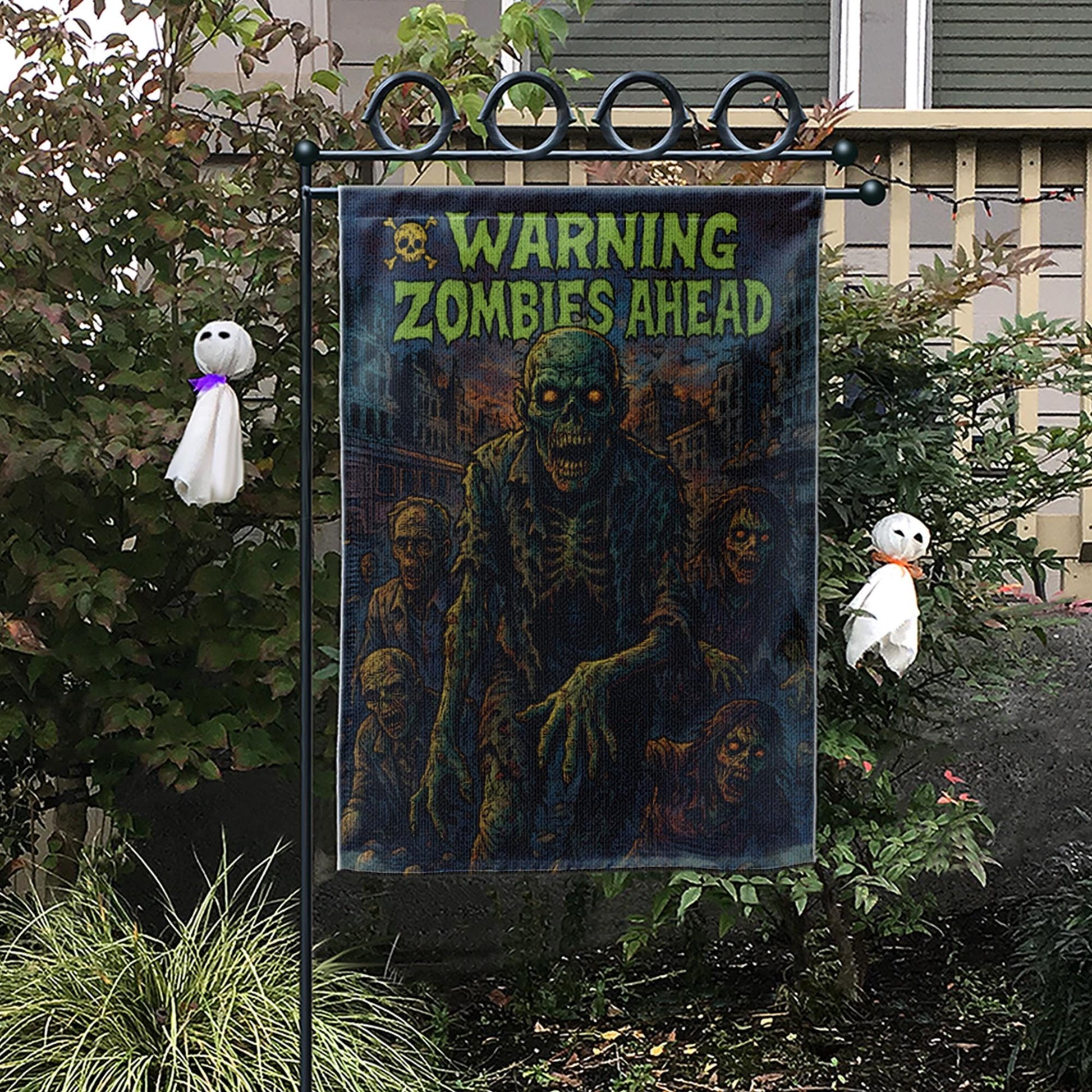 Warning Zombies Ahead Garden Flag, Spooky Halloween Yard Decor, Outdoor Horror Sign, Undead Apocalypse Decoration, Double Sided Welcome Flag